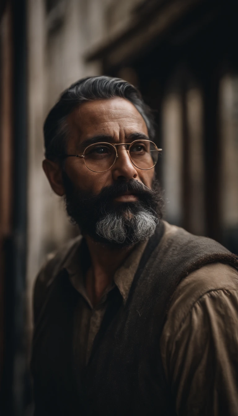 Portrait of a painter,Wear dark glasses.., Black Beard, wrinkled, Weathering, With eye piercing, detailed face, high-detail, shooting imaging, natural light, nikon d850, 50 mm., F/1.4,looking at the audience