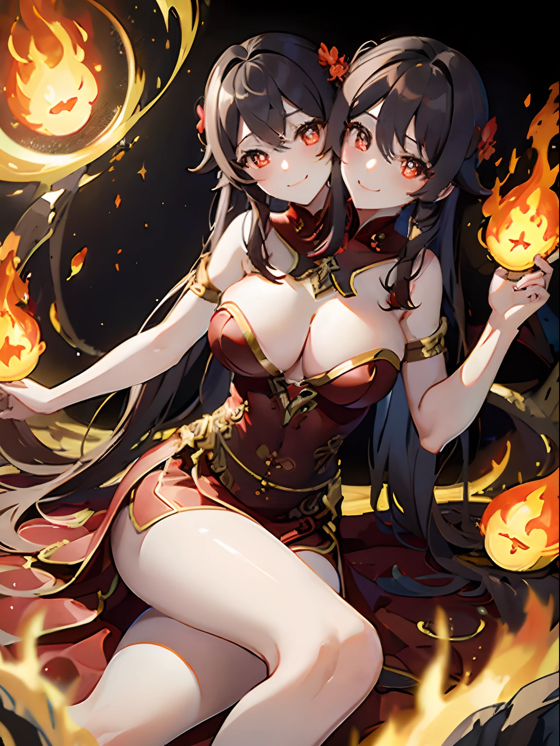 (masterpiece, best quality), best resolution, (2heads:1.5), 1girl, hu tao character, brown hair, brown eyes, relaxed, smug, smile, head resting in hand, dress made of fire, flame pattern dress, sitting in a volcanic cave, lava, volcano cave, volcanic chamber, close-up