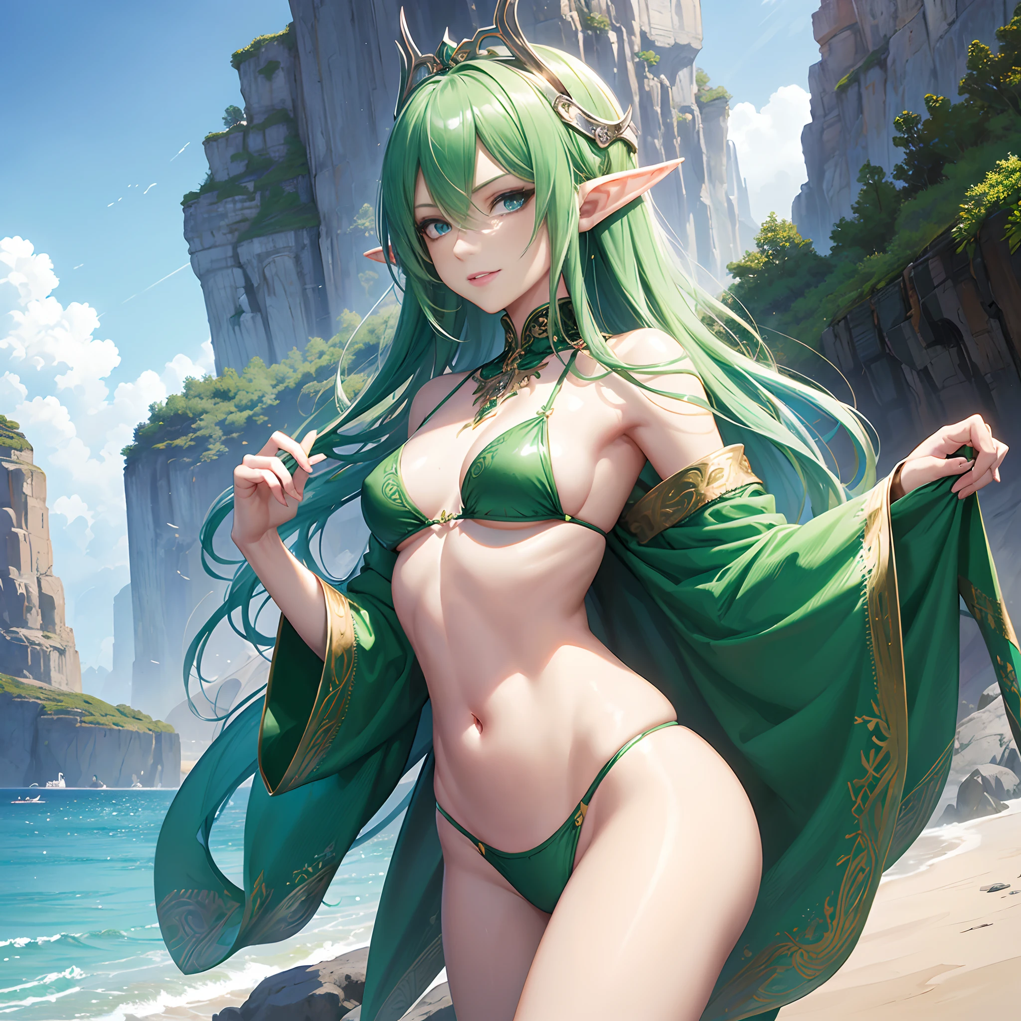 (masutepiece, Best Quality), Intricate details, Thin, ((slim)), Beautiful Girl, Emerald green color hair, White skin, sky-blue eyes, Sharp jawline, elf-ears,The bikini, hair messy, Plump lips, Upper body, close up, Smirk