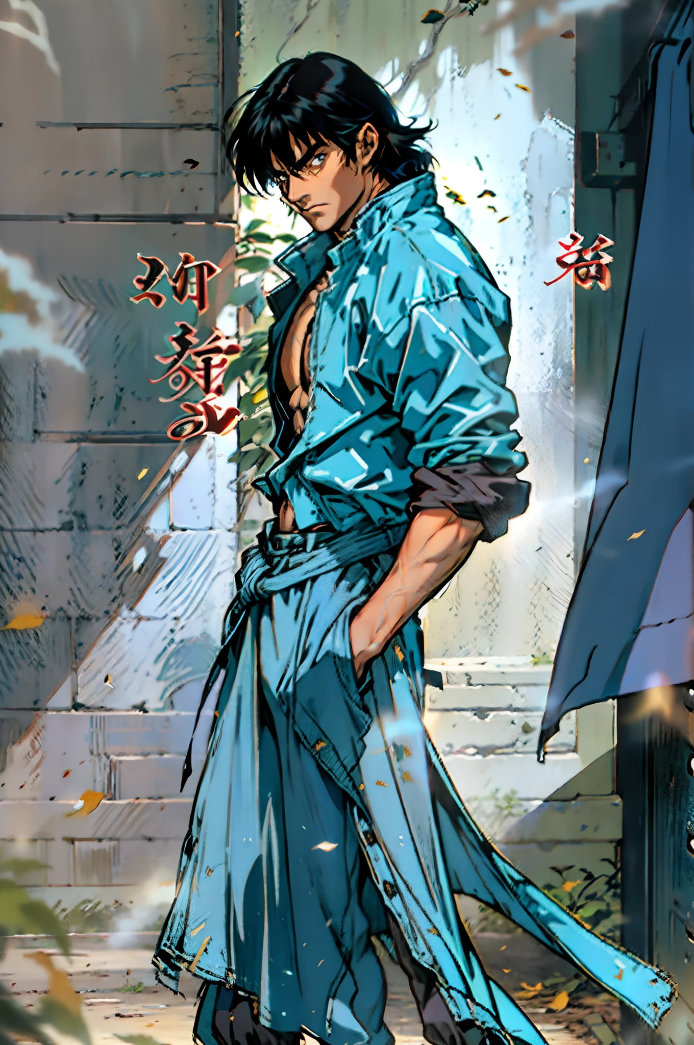 A young man, long black hair, his hair bangs hanging down to cover his eyes, a forlorn expression, head bowed, a long windbreaker coat, rolled-up sleeves, the windbreaker open, revealing his sturdy chest and abdominal muscles, loose coarse cloth trousers, the waist of the trousers reaching the navel, hands inserted into the pockets of the coat, he stands in the dimly lit night on a medieval street in a fantasy-style setting, this character embodies a finely crafted fantasy-realistic style ronin in anime style, characterized by an exquisite and mature manga illustration art style, high definition, best quality, highres, ultra-detailed, ultra-fine painting, extremely delicate, professional, anatomically correct, symmetrical face, extremely detailed eyes and face, high quality eyes, creativity, RAW photo, UHD, 8k, Natural light, cinematic lighting, masterpiece-anatomy-perfect, masterpiece:1.5