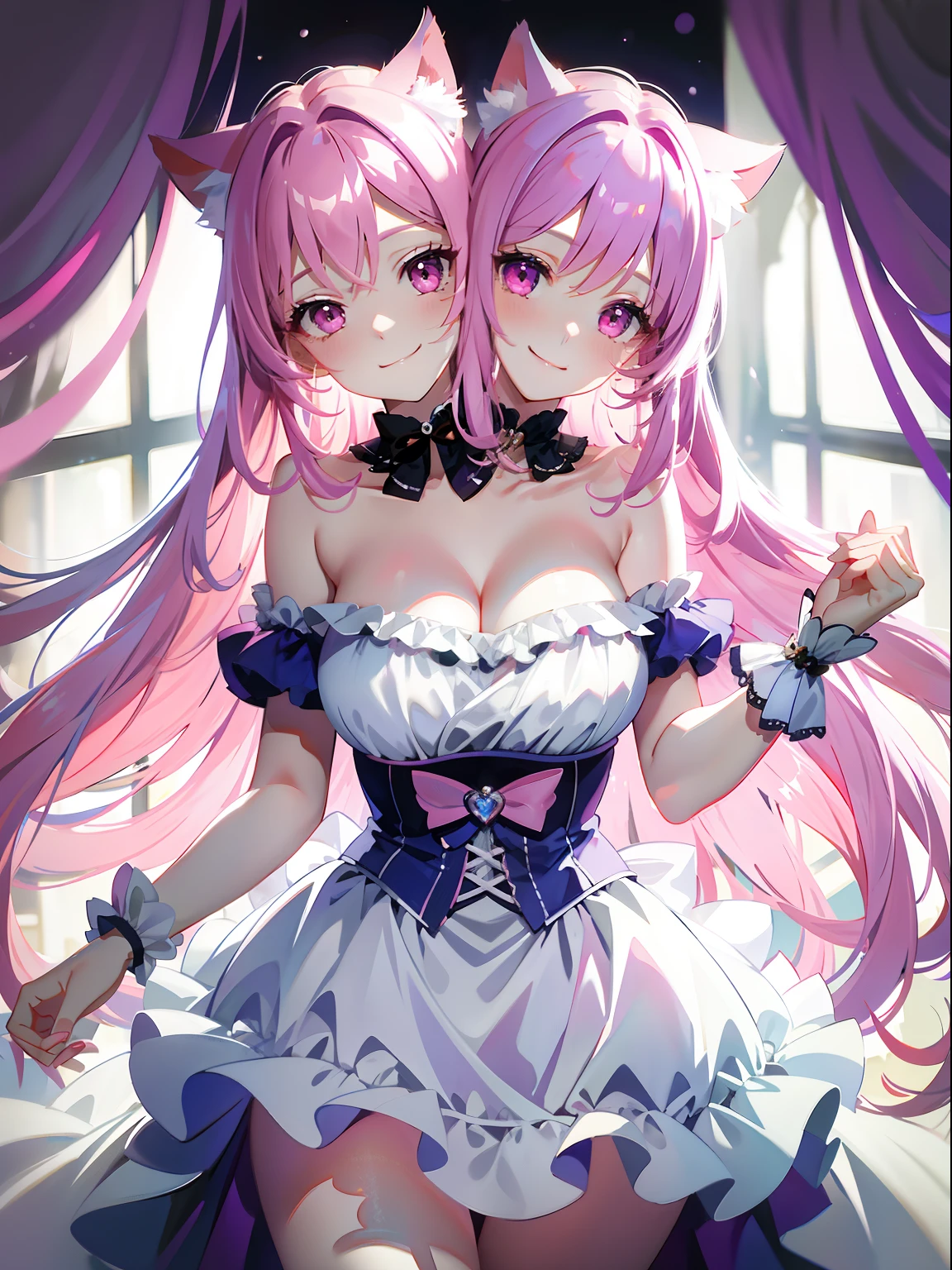 (masterpiece, best quality), best resolution, (2heads:1.5), 1girl, catgirl, wide floor-length curtain of pink hair, energetic, blue and white accessories, cat ears, simple dress with purple, pink eyes, smiling, giggling, friendly, girl kissing other girl, inviting, dramatic background