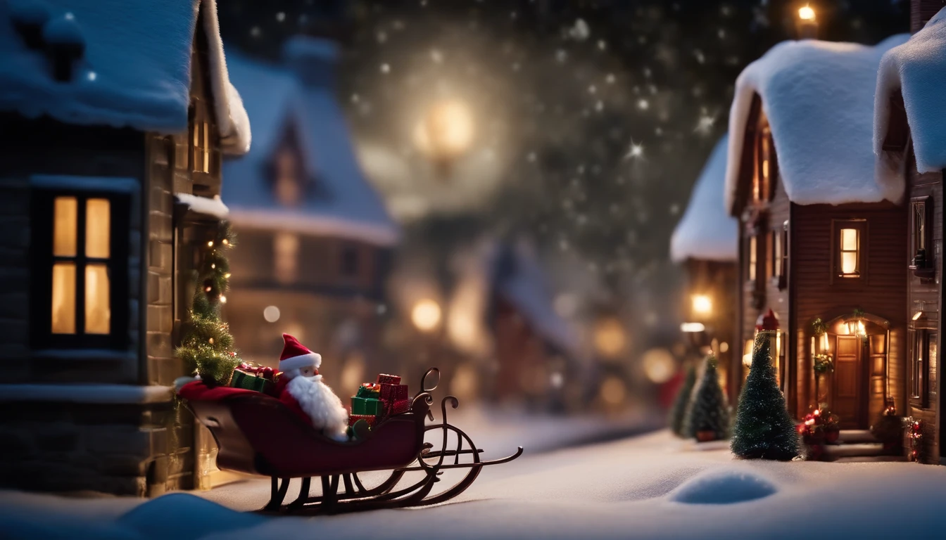 A whimsical Christmas village scene as the background, with Santa Claus in his sleigh flying over the rooftops, delivering presents on a snowy night.