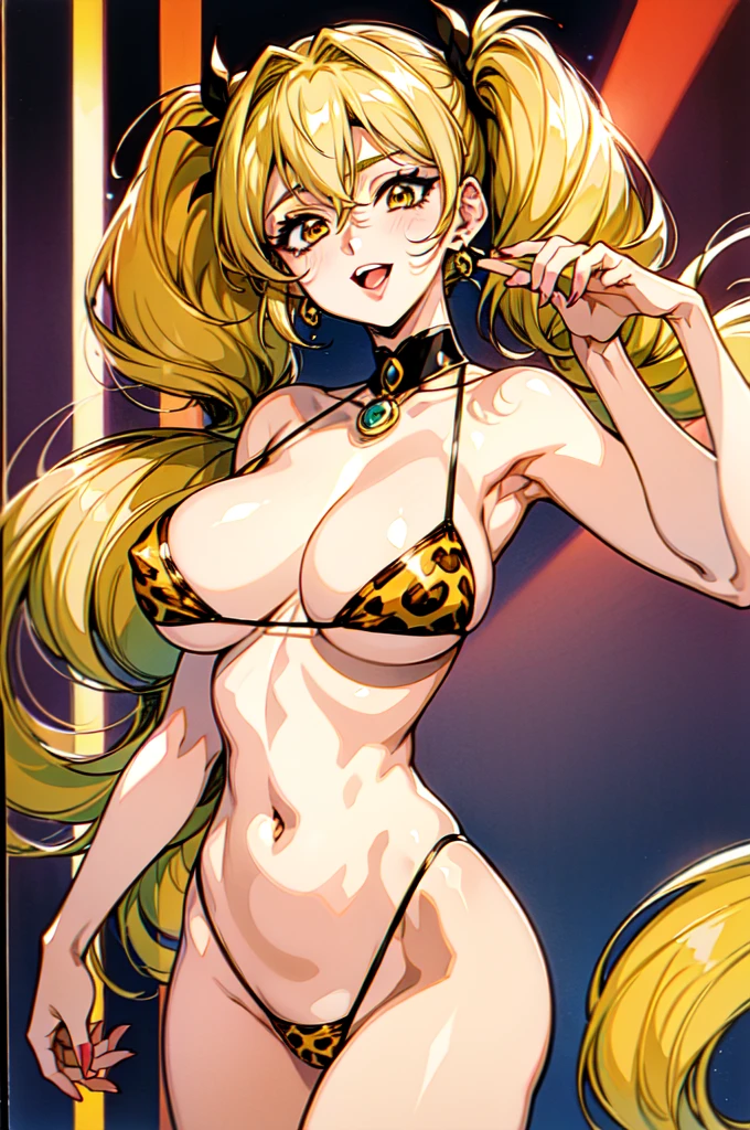 "(masterpiece:1.1), best quality, 
1girl, gyaru, (80s anime style:1.4), 
yellow hair, 
(hair between eyes:1.1), (twintails, drill hair:1.1), 
brown eyes, 
(slim body:1.2), 
(huge breasts:1.5), 
(gothic makeup, red lip stick, eye shadow:1.1), 
happy, smile, open mouth, 
leopard print micro bikini, 
jewelry, crystal earrings, neck ribbon, hair ornament, 
standing, dynamic pose, 
upper body, 
classroom"