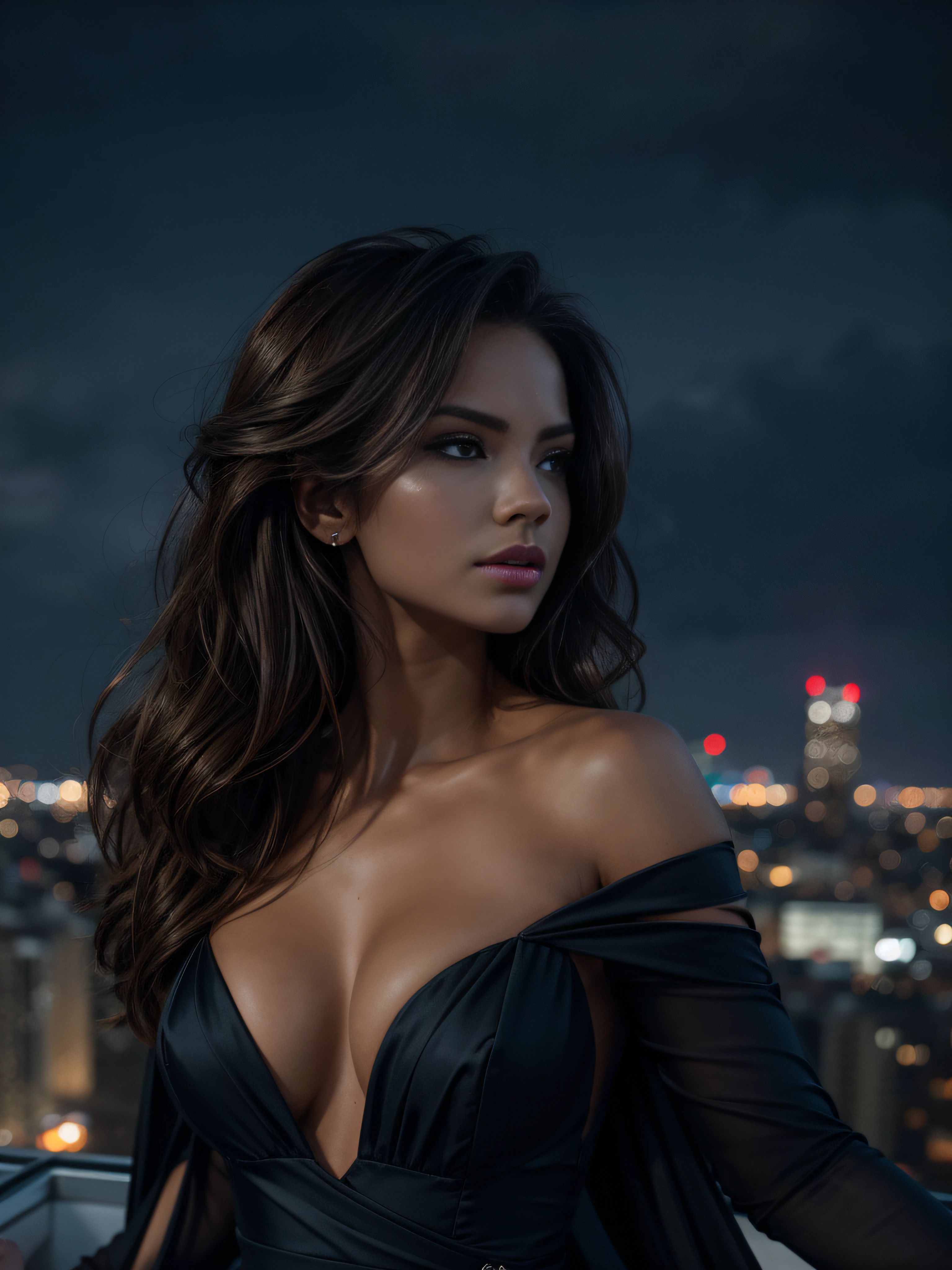 A dramatic image of beautiful woman standing on a rooftop overlooking the city skyline at night, her elegant dress flowing in the wind. The city lights are reflected in her eyes, overall tone is dark, touch of blue, dramatic and suggests suspense, romance, and intrigue, cinematic, photorealistic, 8K,