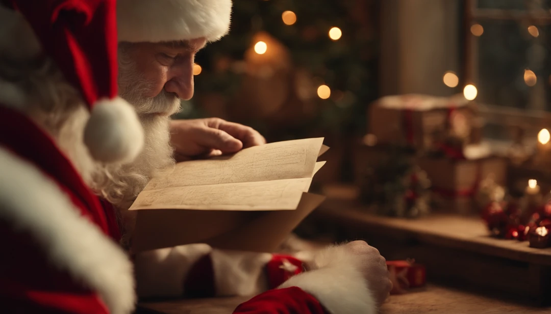 A vintage-inspired background with faded postcard-like images of Santa Claus, showcasing different scenes of him preparing for Christmas, such as checking his list or working in his workshop.