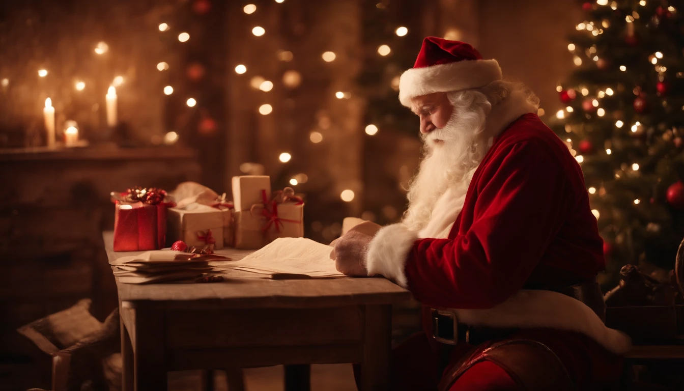 A vintage-inspired background with faded postcard-like images of Santa Claus, showcasing different scenes of him preparing for Christmas, such as checking his list or working in his workshop.