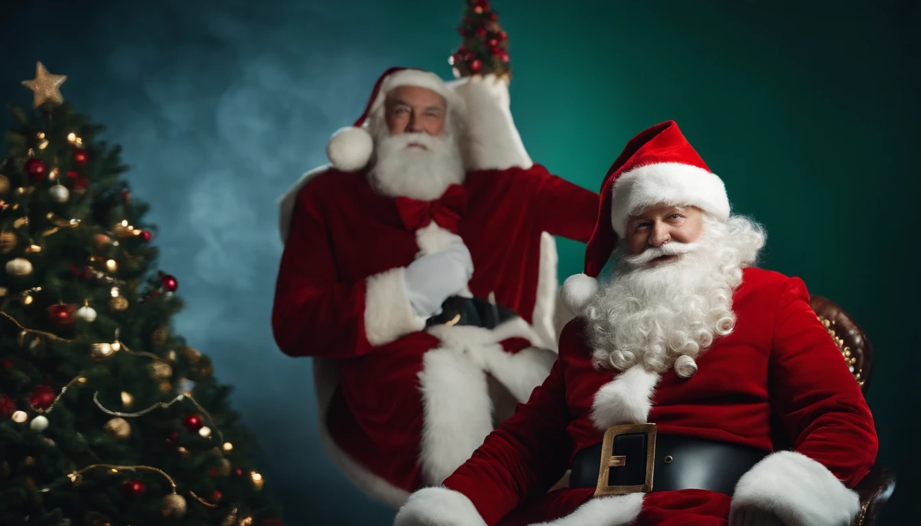 A bold and striking background featuring a large, vibrant illustration of Santa Claus, with his iconic red suit and white beard, against a deep green or blue backdrop.