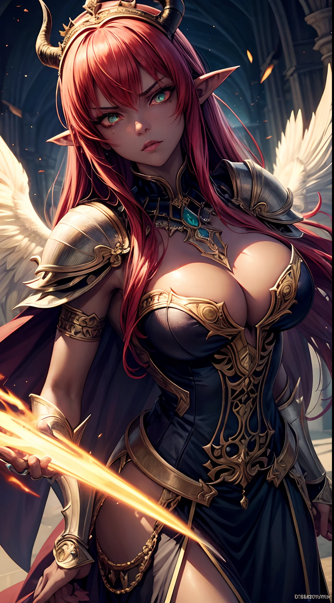 (best quality,masterpiece:1.2),1girl,adult,demon-girl,demon princess,red hair,green eyes,pointy ears,dark skin,looking up,upper body,hair strand,fair skin,royal armor,illustration,detailed eyes,detailed lips,intense gaze,intense expression,golden jewelry,flowing hair,elaborate crown,ornate armor,shimmering textures,tattered cape,ethereal background,vibrant colors,sharp focus,powerful presence,luminous lighting,mythical atmosphere,gothic vibes,sinister beauty,haunting aura,fierce determination,commanding stance