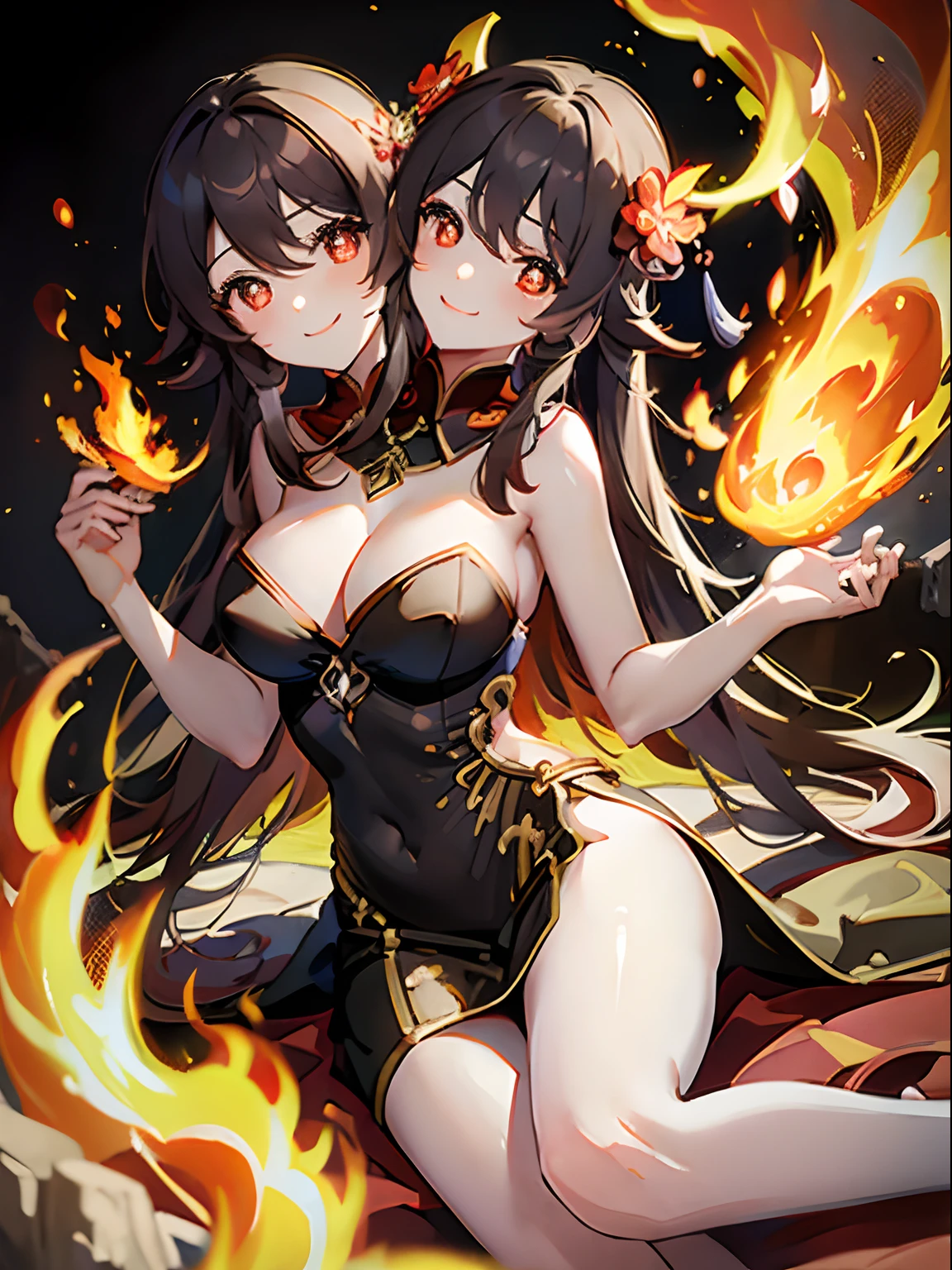 (masterpiece, best quality), best resolution, (2heads:1.5), 1girl, hu tao character, brown hair, brown eyes, relaxed, smug, smile, head resting in hand, dress made of fire, flame pattern dress, sitting in a volcanic cave, lava, volcano cave, volcanic chamber, close-up
