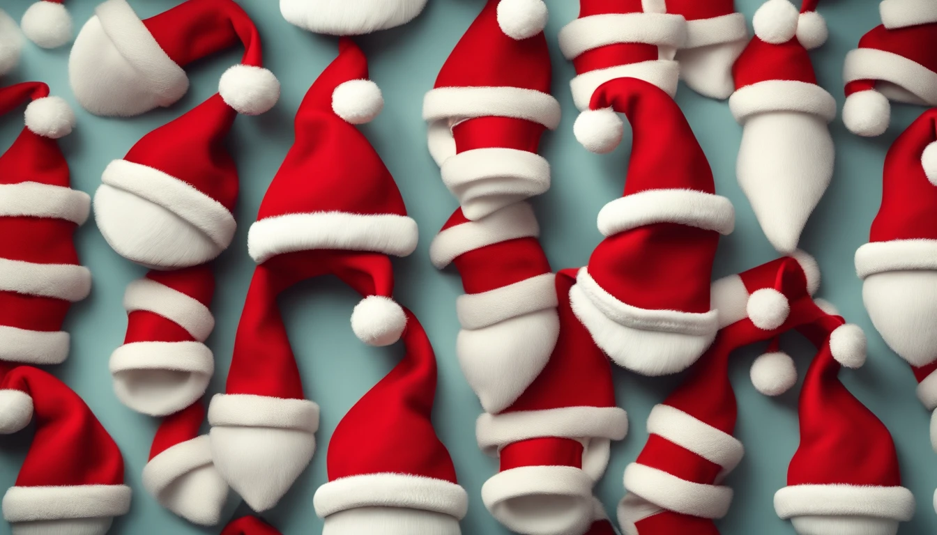 A festive and fun background with a repeating pattern of Santa Claus hats and belts, arranged in a playful and symmetrical design.