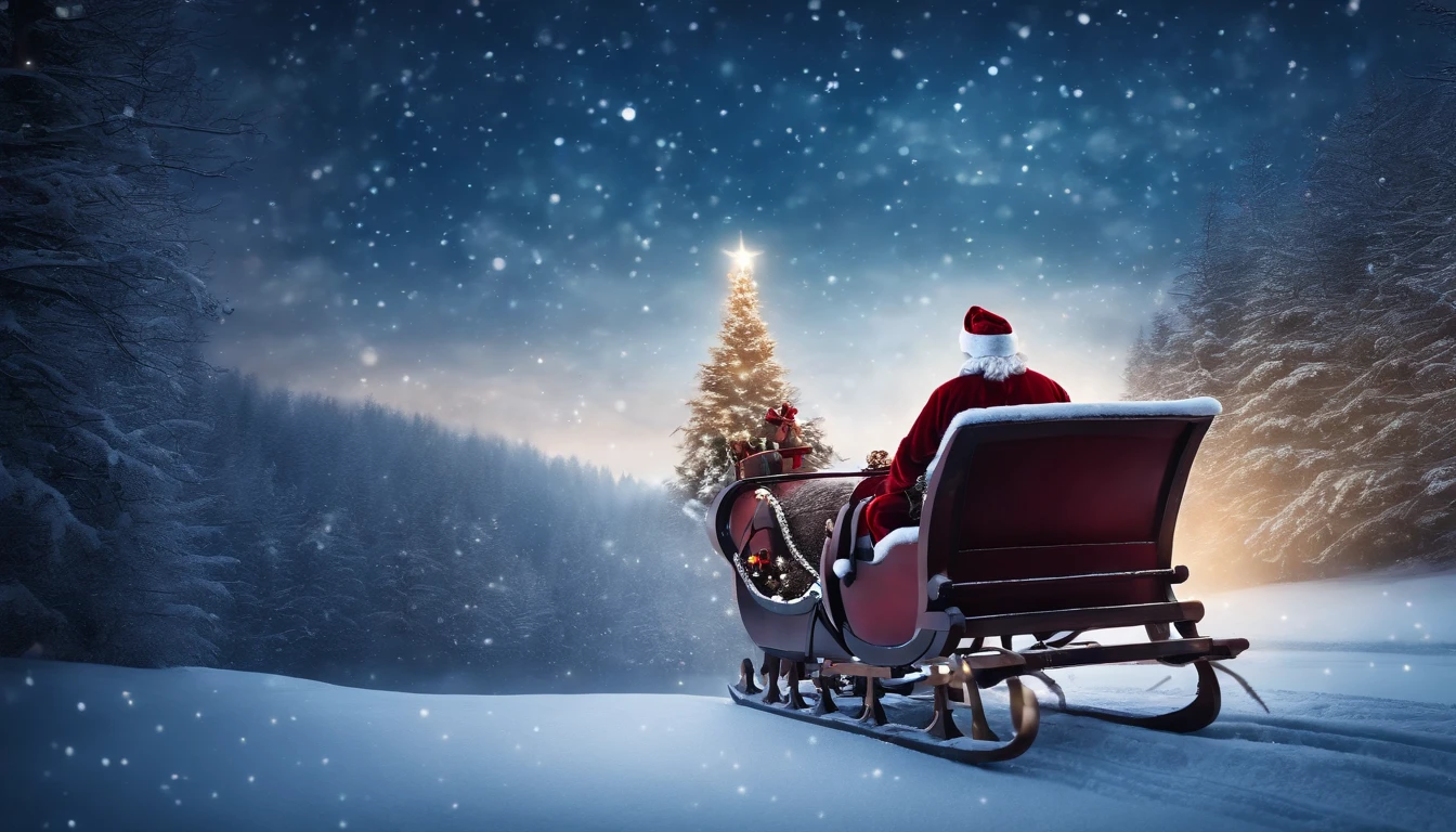 A magical winter wonderland background with Santa Claus and his sleigh flying through a starry sky over an enchanting snowy forest.