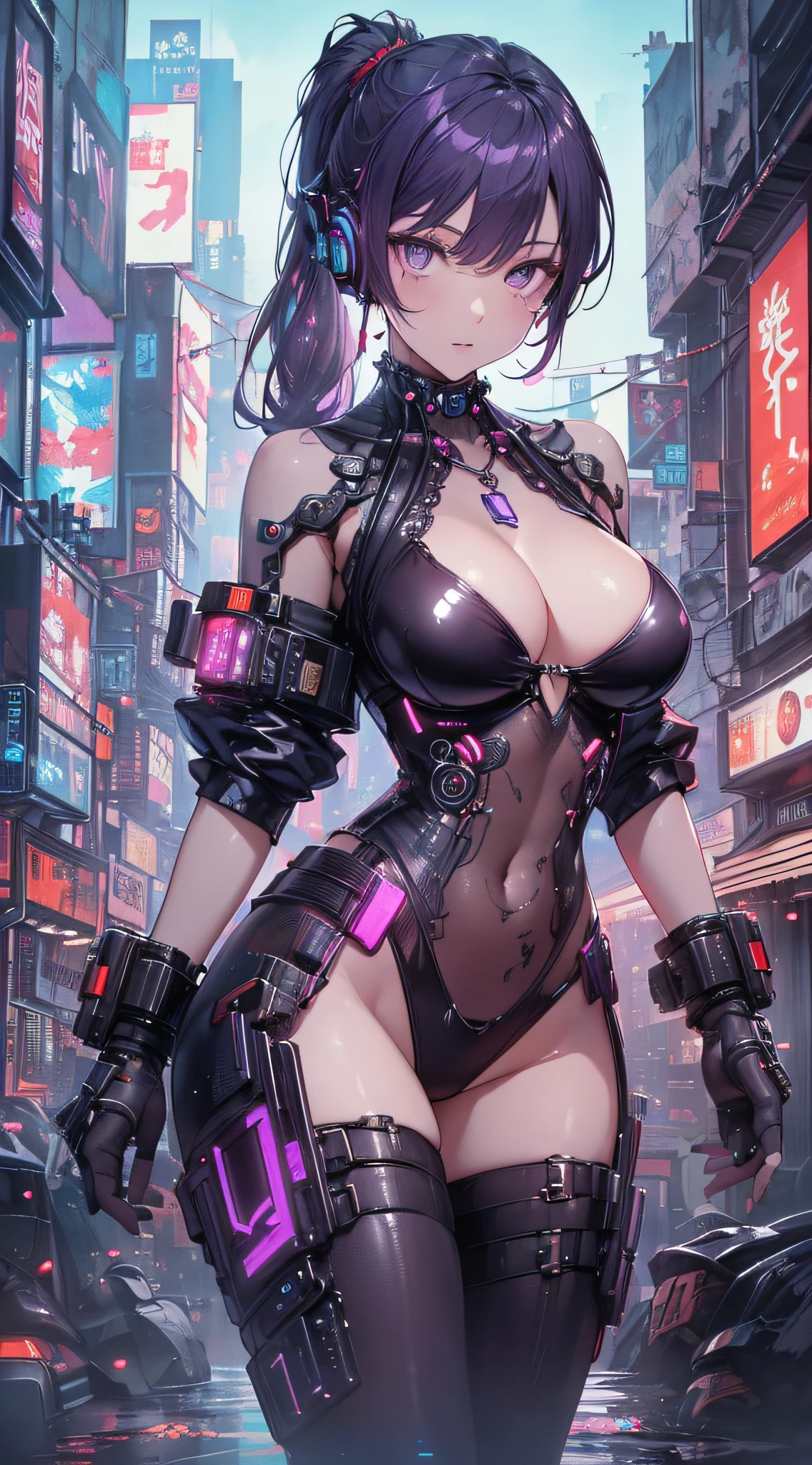 top-quality、Top image quality、masterpiece、girl with((18year old、Best Bust、big bast,Beautiful purple eyes、Breasts wide open, Purple ponytail、A slender、Large valleys、Purple and black open-chest rider suit,Red high heels、Reflecting the whole body、Purple Necklace、Red face、Slippery texture、up chest、head phone))hiquality、Beautiful Art、Background with((Cyberpunk world)))masutepiece、visualart、depth of fields、
