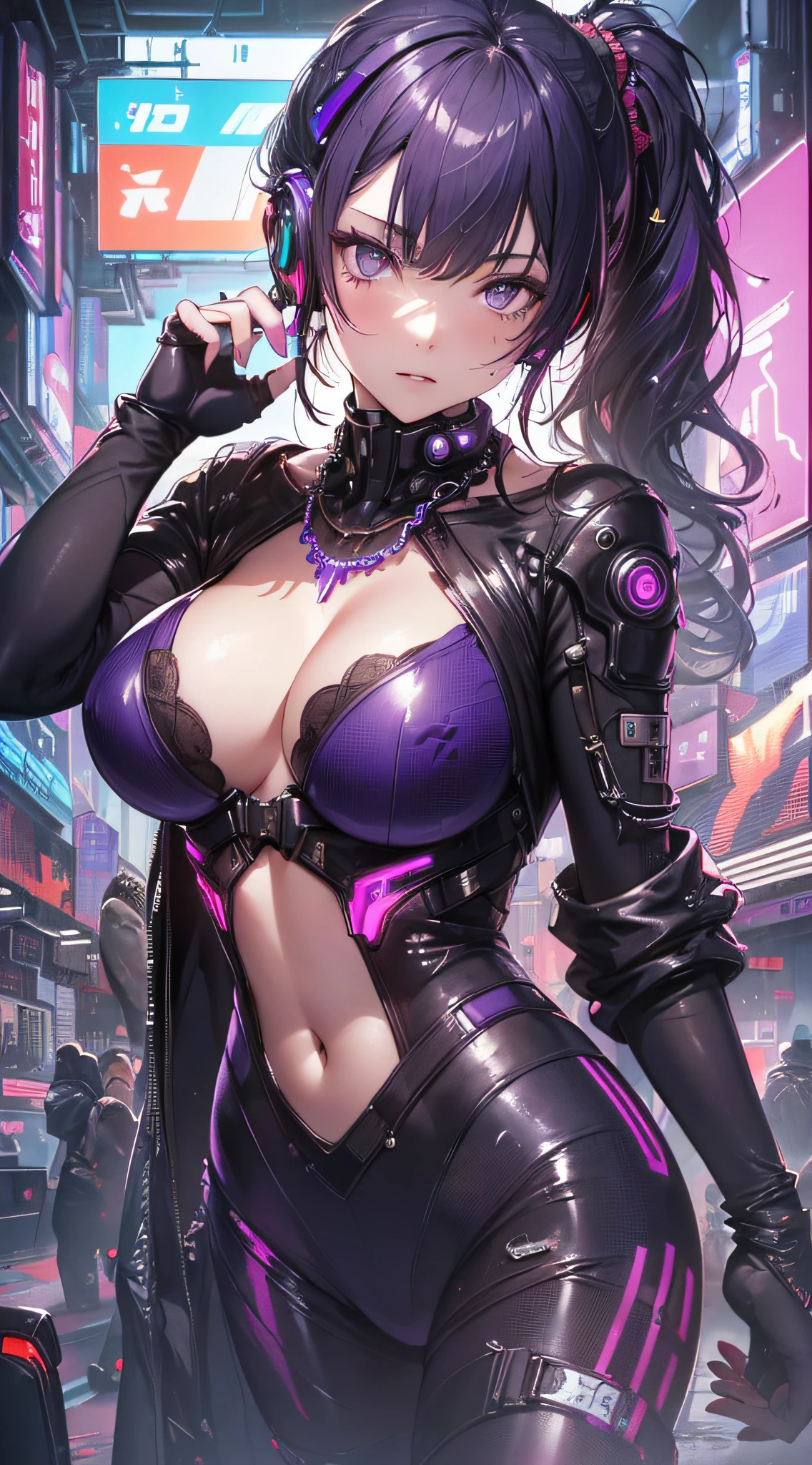 top-quality、Top image quality、masterpiece、girl with((18year old、Best Bust、big bast,Beautiful purple eyes、Breasts wide open, Purple ponytail、A slender、Large valleys、Purple and black open-chest rider suit,Red high heels、Reflecting the whole body、Purple Necklace、Red face、Slippery texture、up chest、head phone))hiquality、Beautiful Art、Background with((Cyberpunk world)))masutepiece、visualart、depth of fields、