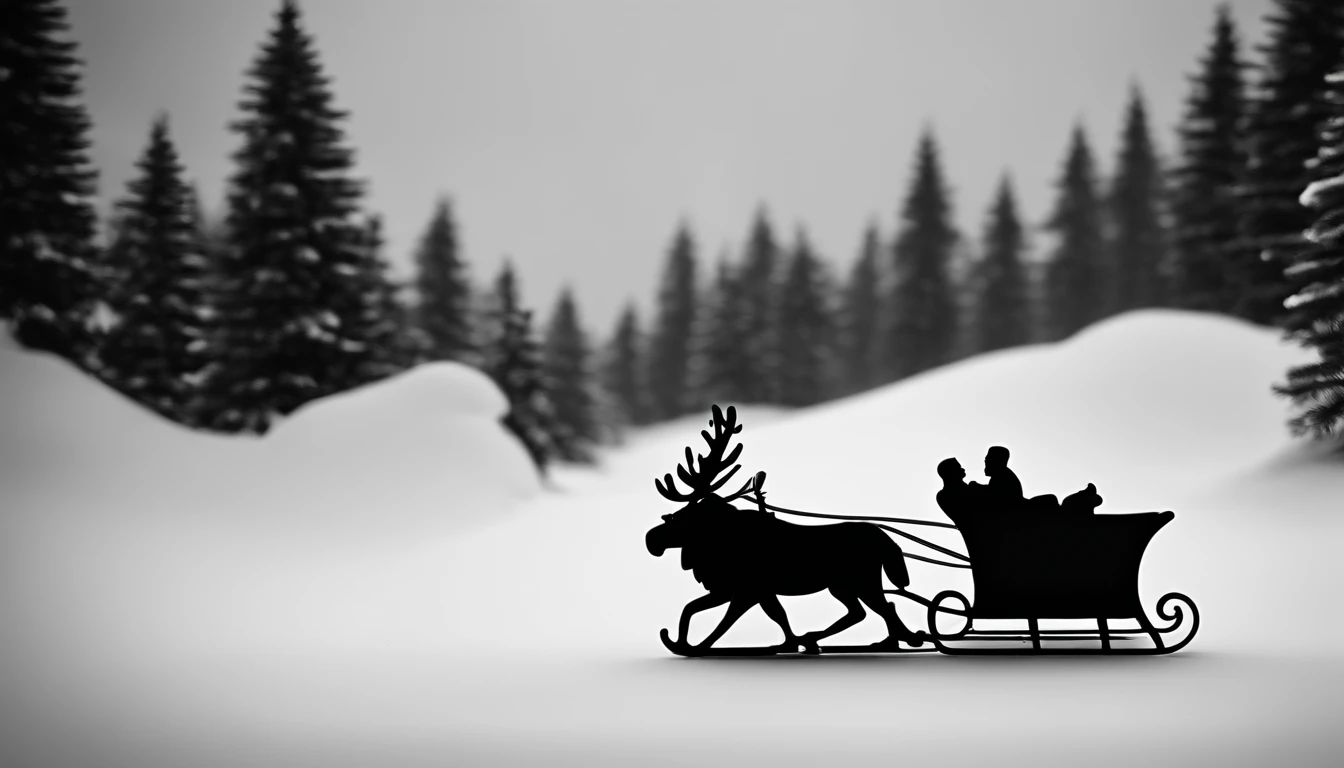 A modern and minimalist background with a simple silhouette of Santa Claus and his sleigh, rendered in black or white against a bright and bold colored backdrop.