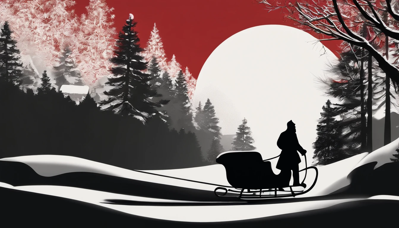 A modern and minimalist background with a simple silhouette of Santa Claus and his sleigh, rendered in black or white against a bright and bold colored backdrop.