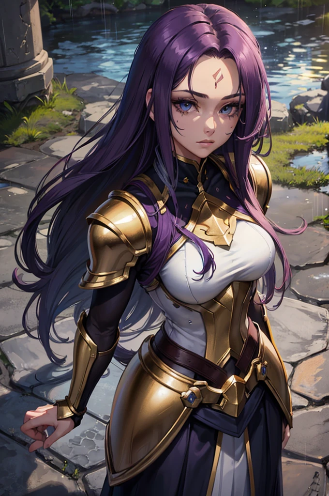 upper body,close-up, highly detailed eyes, , photo of 1girl , rain, masterpiece, super detailed, full body view, planet under invasion, gold armor, long hair, armor, forehead mark, purple hair, blue eyes, looking at viewer, fullbody armor, very long hair, LionArmor, facial mark,