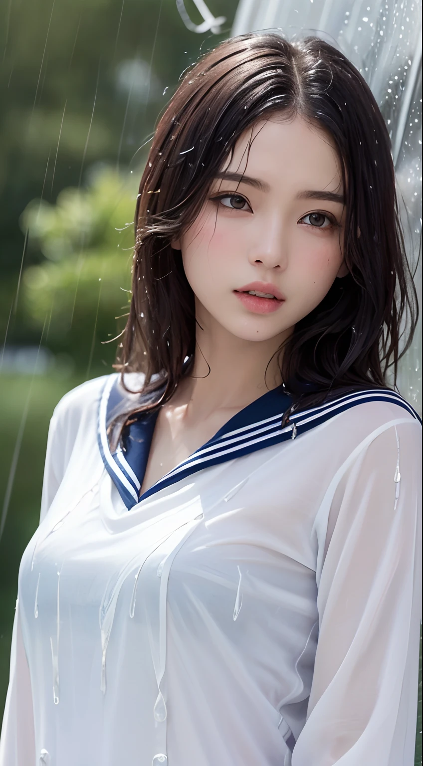 (top-quality、4k、masterpiece:1.3)、Beautuful Women、1girl in、A sexy:1.1、dark brown hair:1.1、(rainy wet、wet from the rain、a wet body:1.2)、White sailor suit、hyperdetailed face、detailed lips、A detailed eye、二重まぶた