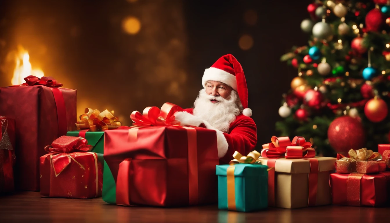 A cheerful and vibrant background with an array of colorful presents and gifts surrounding Santa Claus, symbolizing the joy and excitement of the holiday season.
