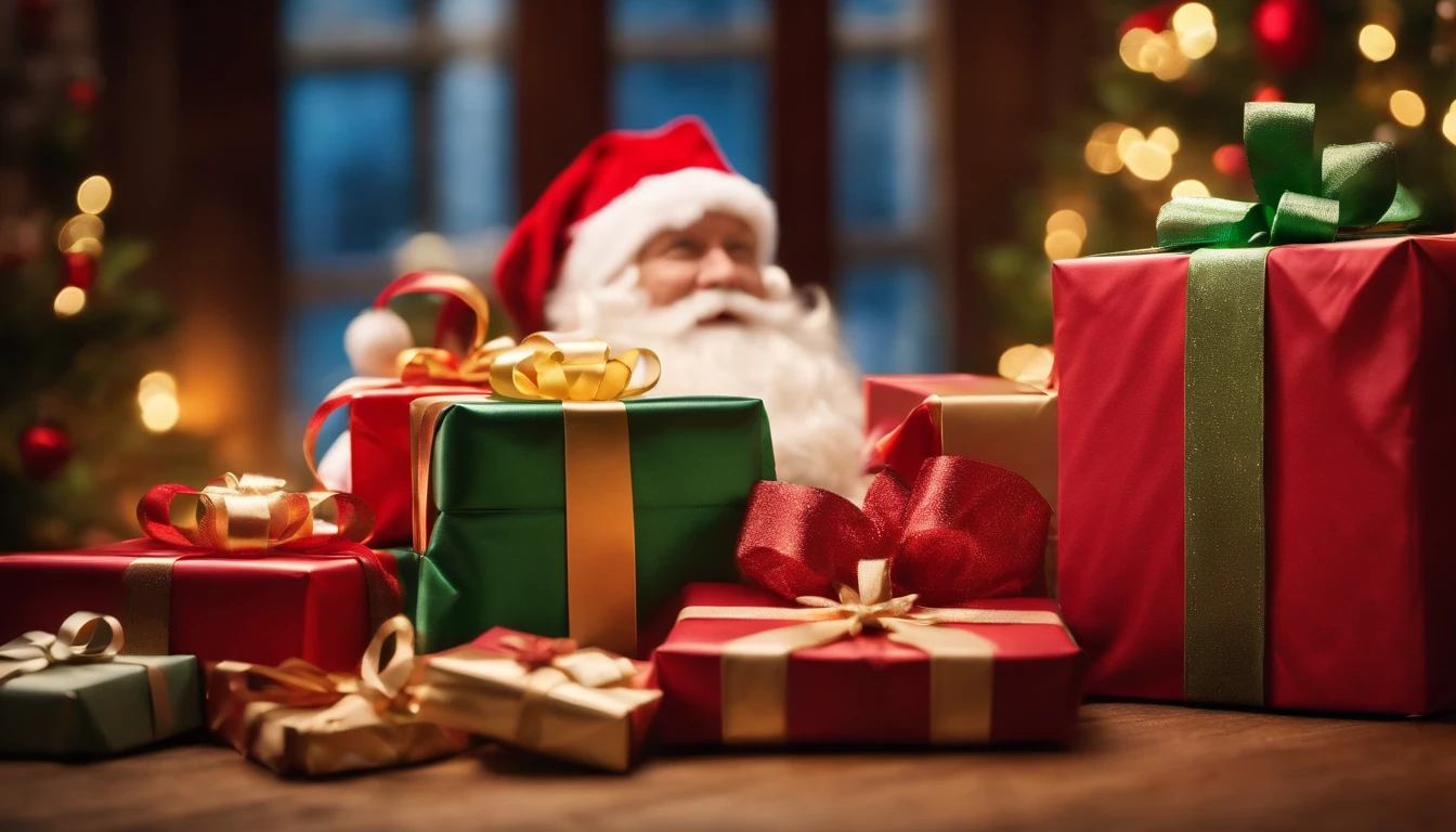 A cheerful and vibrant background with an array of colorful presents and gifts surrounding Santa Claus, symbolizing the joy and excitement of the holiday season.