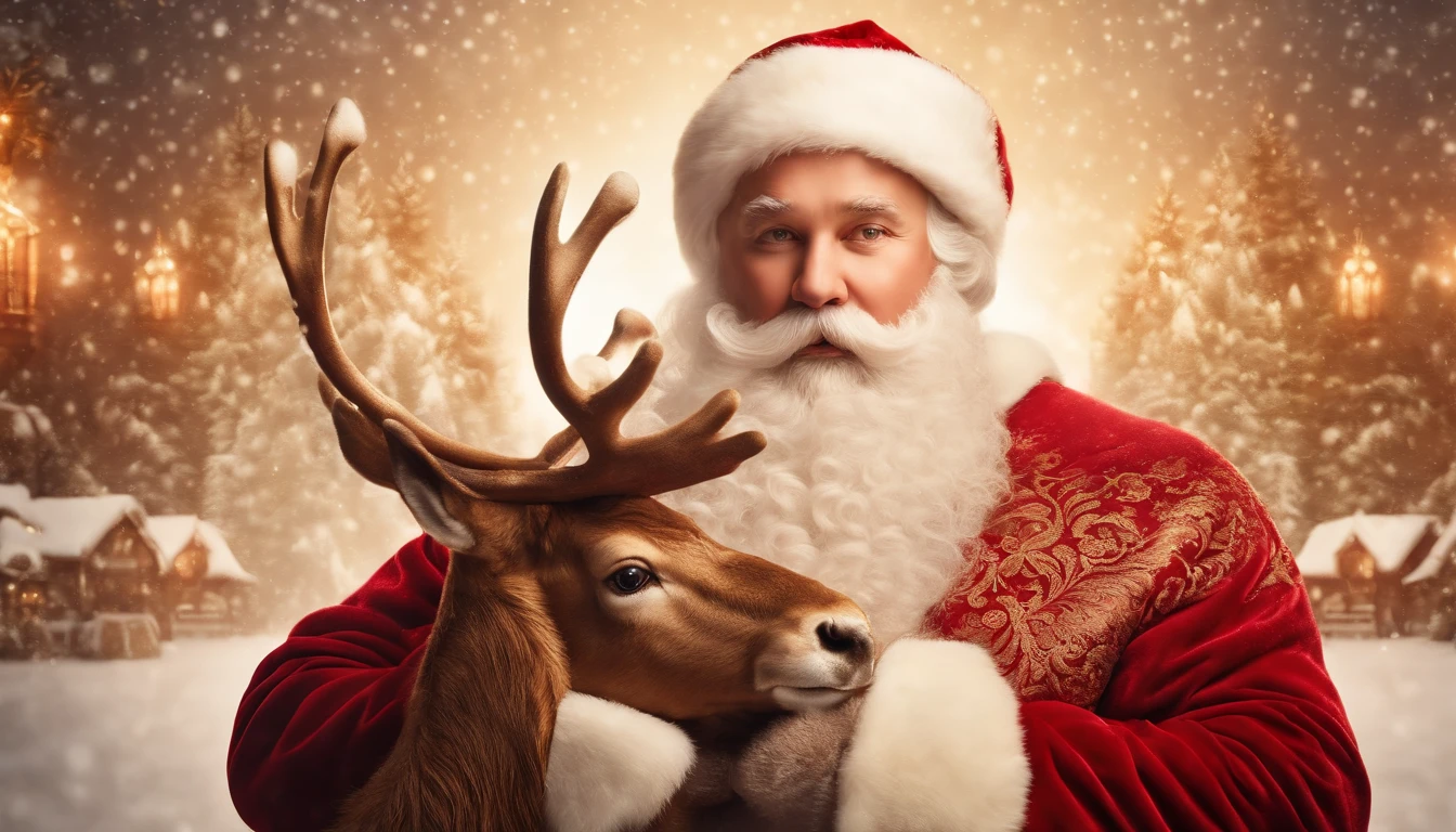 A classic and elegant background with an intricate damask pattern in shades of red and gold, with Santa Claus and his reindeer depicted in the center in a rich and detailed illustration.
