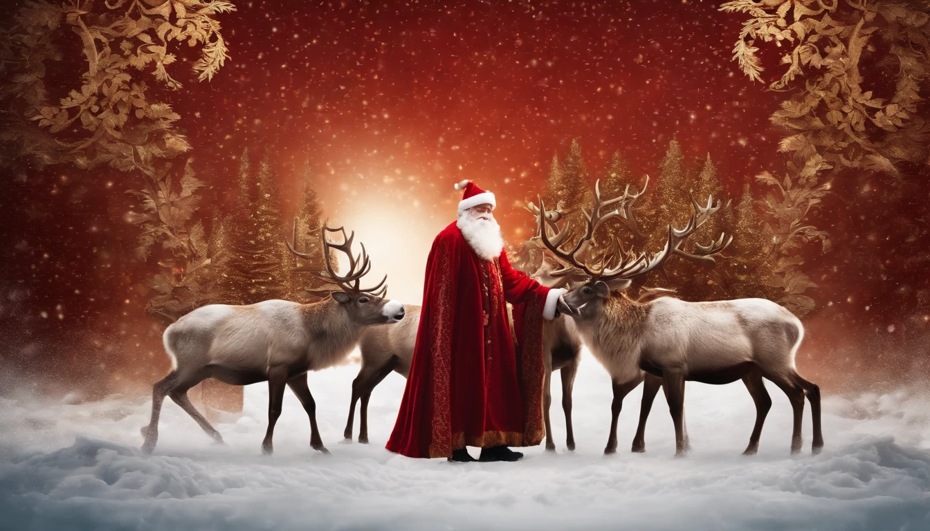 A classic and elegant background with an intricate damask pattern in shades of red and gold, with Santa Claus and his reindeer depicted in the center in a rich and detailed illustration.