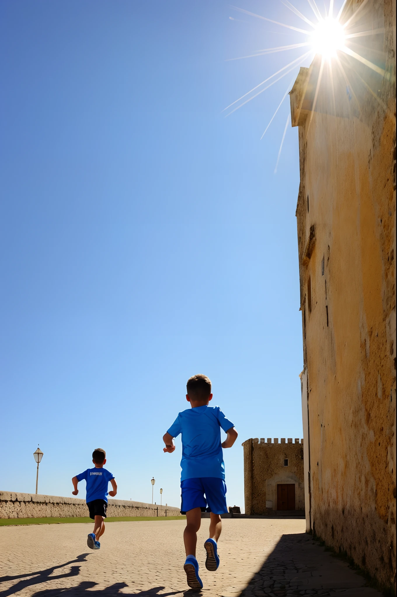 castelo branco, Blue sky with boy running towards