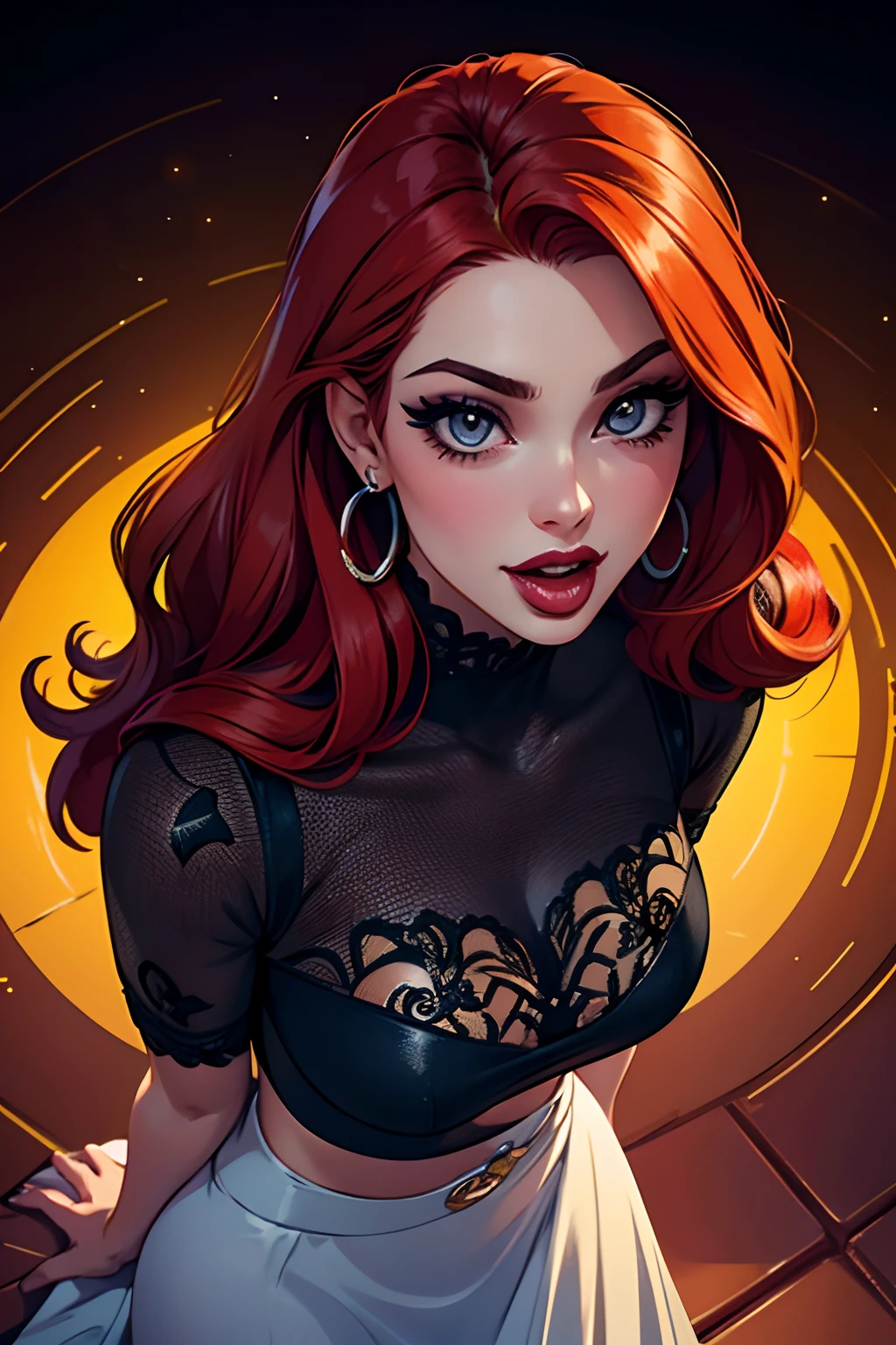 25 year old woman,open mouth,from above,high detail,tongue out,eager gaze,looking at viewer,beautiful detailed eyes,beautiful detailed lips,long eyelashes,seducing smile,luscious red lips,gorgeous features,vibrant hair,colorful makeup,sparkling earrings,slim figure,fashionable clothing,casual yet stylish outfit,confident posture,bright lighting,vivid colors,HD resolution,ultra-detailed,photorealistic,studio lighting,professional portrait,bokeh background,artistic rendering
