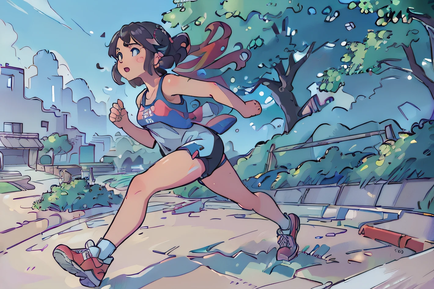 (best quality,4k,8k,highres,masterpiece:1.2),ultra-detailed,(realistic,photorealistic,photo-realistic:1.37),illustration,running girl,sport dress,sport shoes,park, style of Studio Ghibli,vivid colors