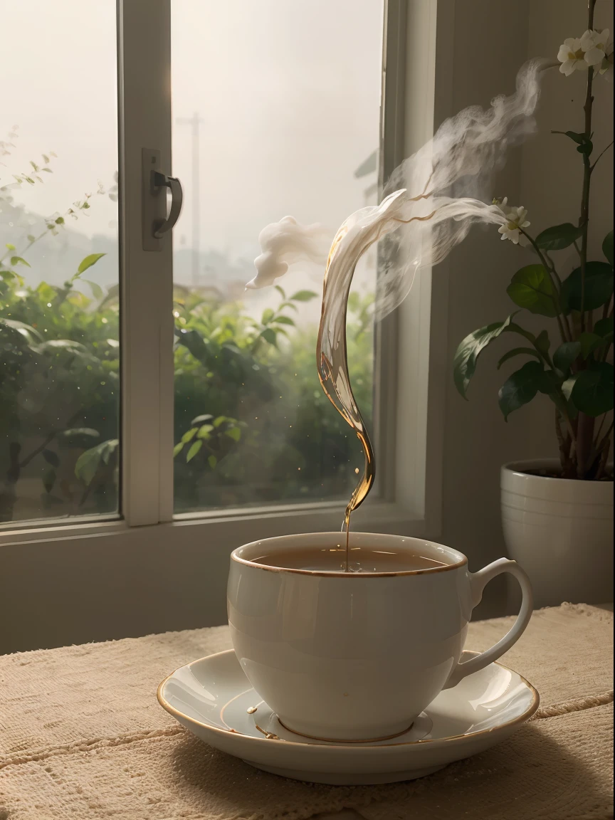 An image of a refreshing and vibrant cup of tea, elegantly steeping in a teapot, surrounded by a halo of soft, natural lighting. The tea leaves are delicately unfurling, with wisps of steam rising from the cup, creating an atmosphere of warmth and relaxation. The details of the tea leaves and the condensation on the cup are meticulously rendered, showcasing the essence and quality of the tea. This captivating image is incredibly realistic and captures the attention of viewers, making it highly desirable and trending on platforms like ArtStation. The overall style of the image is inspired by the works of famous artists such as David Hockney, with a touch of the exquisite lighting techniques seen in the works of Rembrandt and Monet