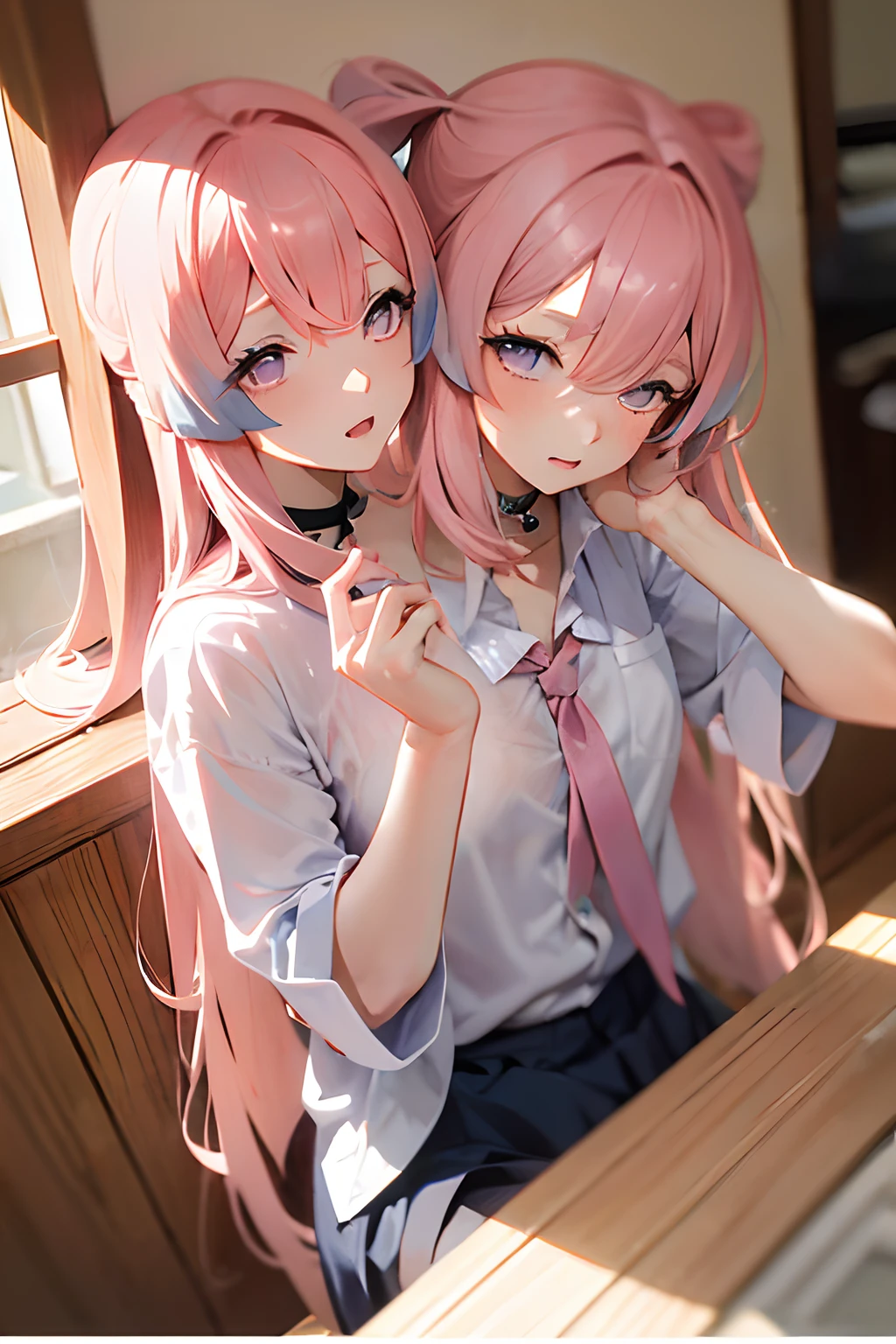 (masterpiece, best quality), best resolution, (3heads:1.5), 1girl, sagonomiya kokomi character, pink hair, differnetly-coloured hair, pink eyes, headache, hangover, in pain, dizzy, open mouth, extremely-tight shirt, extremely long hair, slumped on floor, hand on forehead, apartment kitchen