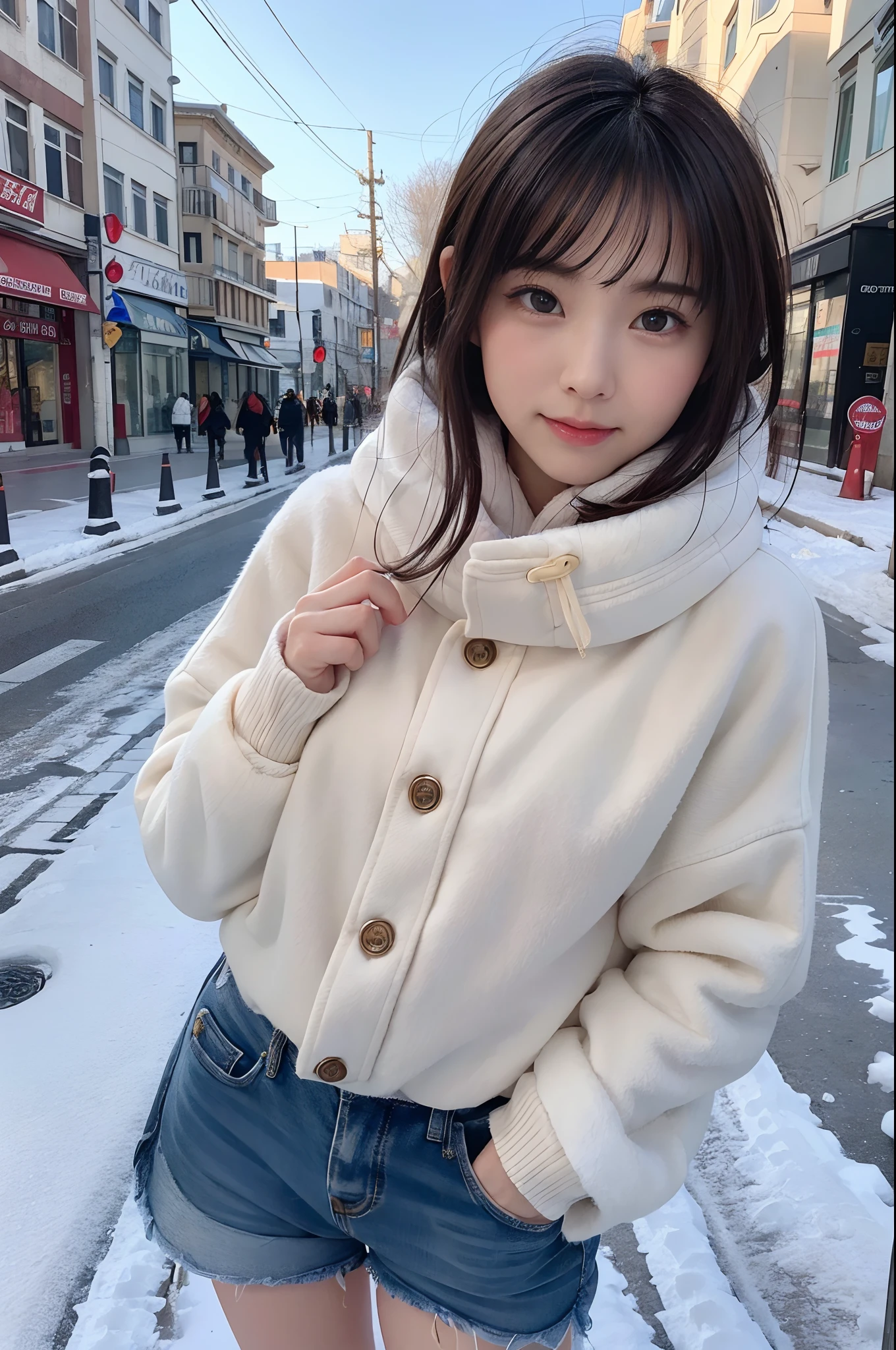 ((masterpiece、in 8K、RAW Photos、best qualtiy、A hyper-realistic:1.3))、(realisticlying、photos realistic:1.2)、Beautiful Beautiful Girl、独奏、face perfect、delicate and beautiful face、Eyes and faces with detailed 、(Cute and warm winter clothes:1.5)、(full body Esbian:1.2)、A smile、Beautiful lighting、Textured skin、Super Detail、high detailing、High quality、hight resolution、Detailed mouth、Opening Mouth、bangss、full body Esbian、longshot、colourfull 、Girl walking in the city in winter、vivid