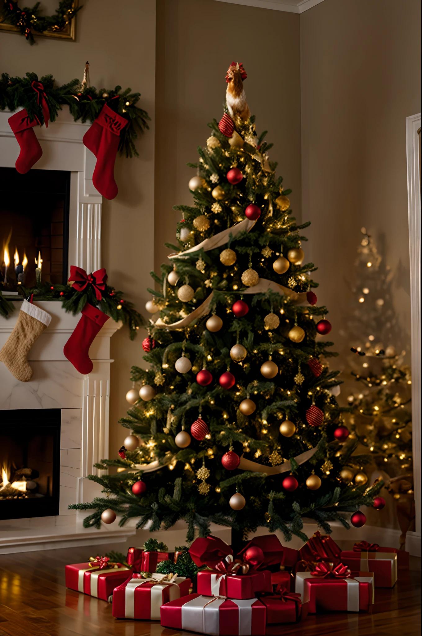 Chicken in the middle of a Christmas tree