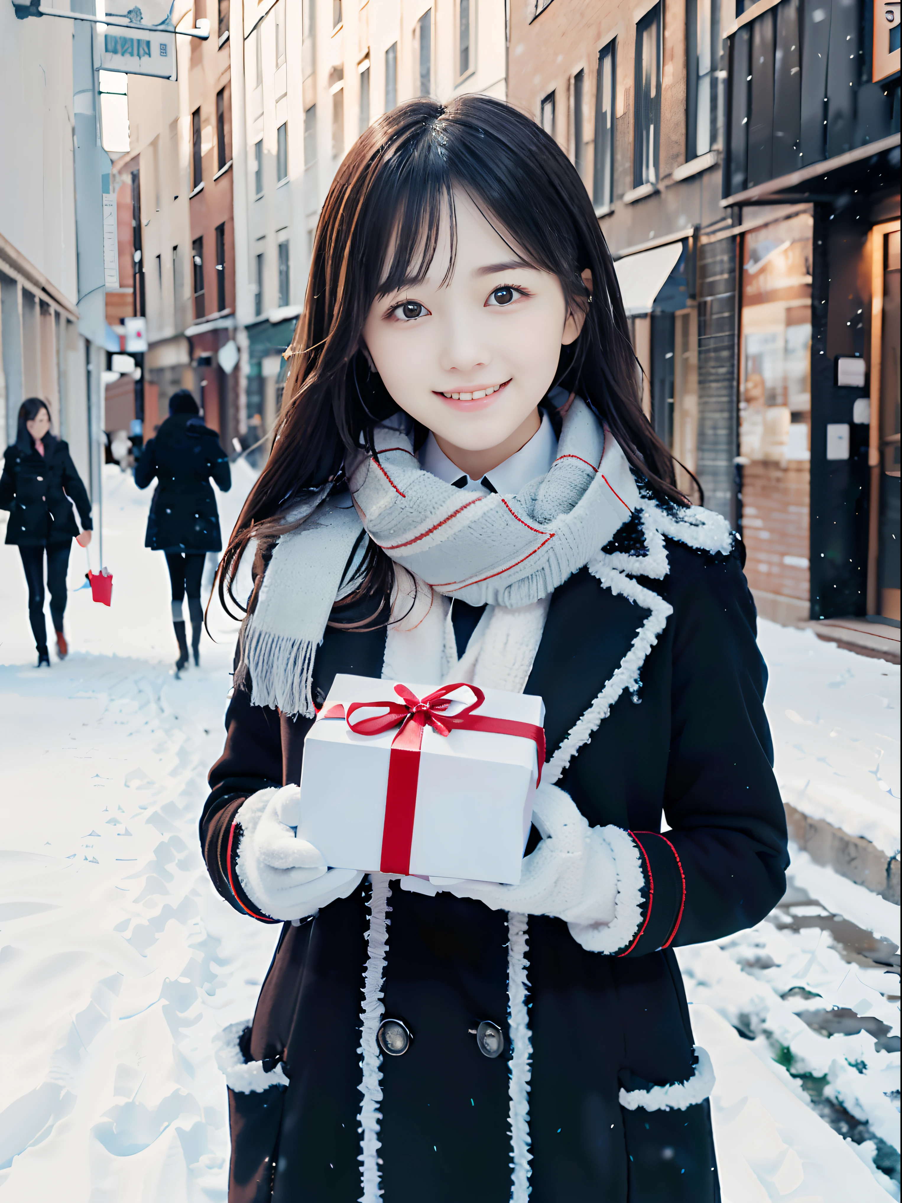 (A close-up of one slender small breasts girl and two side up hair in a winter uniform and scarf coat:1.5)、(One girl with a shy smile、Holding a gift box with gloves in hand:1.5)、(Snowy winter street corner:1.5)、(Perfect Anatomy:1.3)、(No mask:1.3)、(complete fingers:1.3)、Photorealistic、Photography、masutepiece、top-quality、High resolution, delicate and pretty、face perfect、Beautiful detailed eyes、Fair skin、Real Human Skin、pores、((thin legs))、(Dark hair)