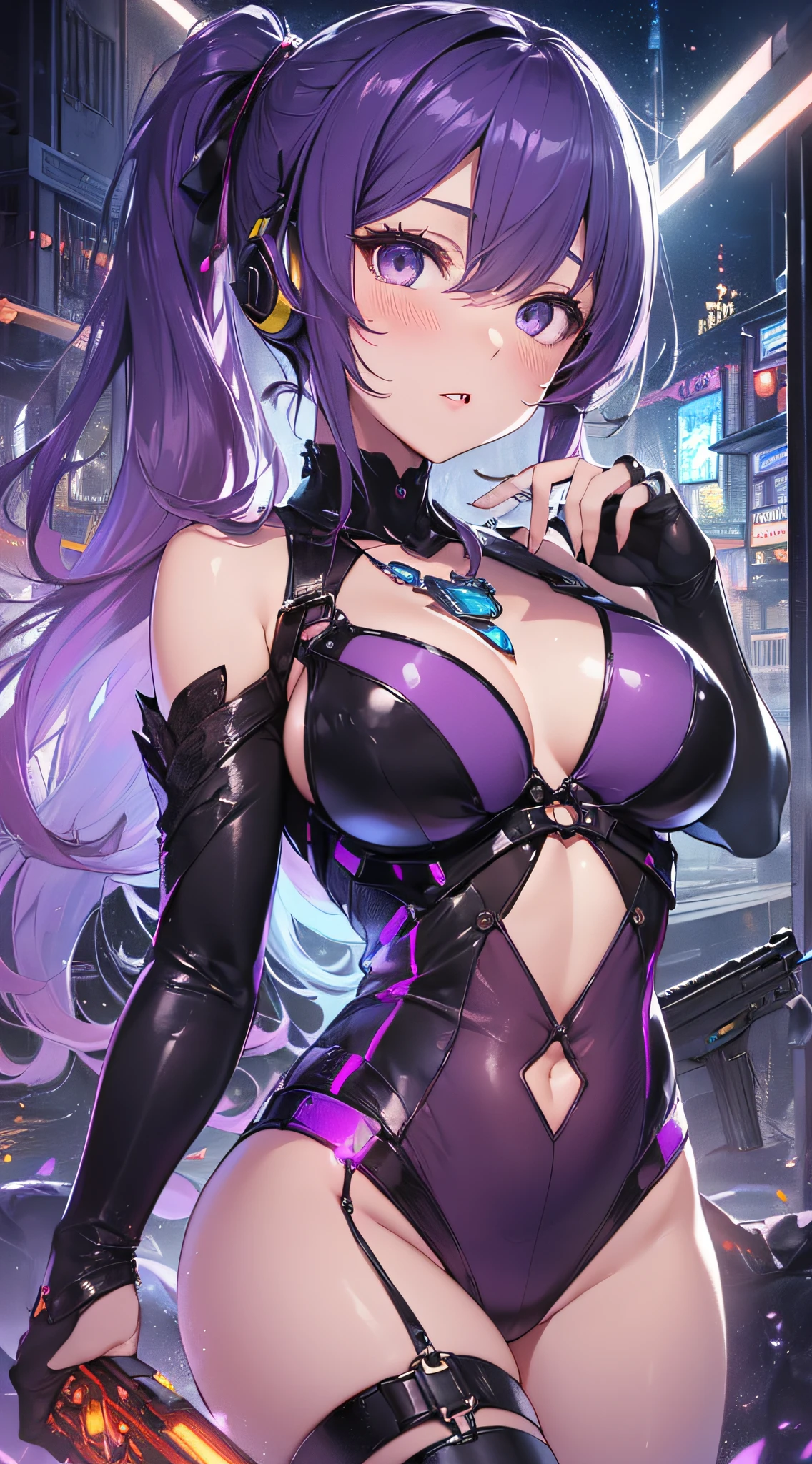 top-quality、Top image quality、​masterpiece、girl with((18year old、Best Bust、big bast,Beautiful purple eyes、Breasts wide open, Purple ponytail、A slender、Large valleys、Purple and Black Open Chest Rider Suit,Red high heels、Reflecting the whole body、Purple Necklace、Red face、Slippery texture、up chest、head phone,Holding an assault rifle in both hands)）hiquality、Beautiful Art、Background with((A town that shines at night)))、Depth((Mass Flying Drones)),masutepiece、visualart、depth of fields、