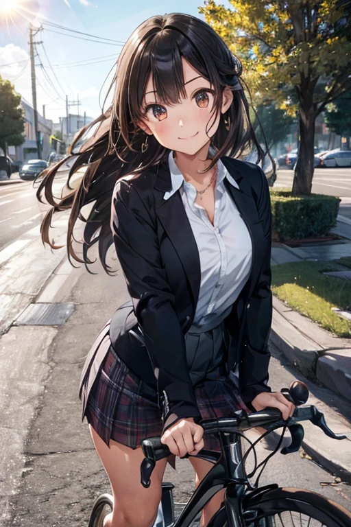 top quality, (Masterpiece: 1.3), (Maximum resolution: 1.2), (Ultra HDTV: 1.2), Cinema light, Ultra HDTV, (Detailed eyes and skin), (Detailed facial features), HDR, 8k resolution, Sharp Focus: 1.2, Perfect style, beautiful face, accurate, anatomically correct, highly detailed face and skin texture, detailed eyes, brown eyes, double eyelids, thin eyebrows, glitter eyeliner: 1.2, natural cheeks, glossy skin, fair skin: 1.2, shiny little necklace and earrings, (glossy lips: 1.4), BREAK first-person-view, Wearing a school uniform, consists of a blazer jacket on top and pleated skirt on the bottom , jacket has symbol of school, skirt has plaid pattern, loosening the collar,  sweat, wet, slightly transparent, (smiling full of compassion:1.2), (full of love:1.2), Innocent and Cute girl, (beautiful long hair, beautiful straight hair ), BREAK (Full body shot: 1.2), (focus on cleavage), ((Very intimate relationships: 1.2)), (medium large breasts:1.2), (((on the road edge of a big bridge: 1.2)),(on summer day frternoon:1.5 ), ((riding bicycle ,road bike, drop handle, shading her face from the sun with her hand:1.4)), (putting her foot on the pedal :1.5), (looking at viewer))