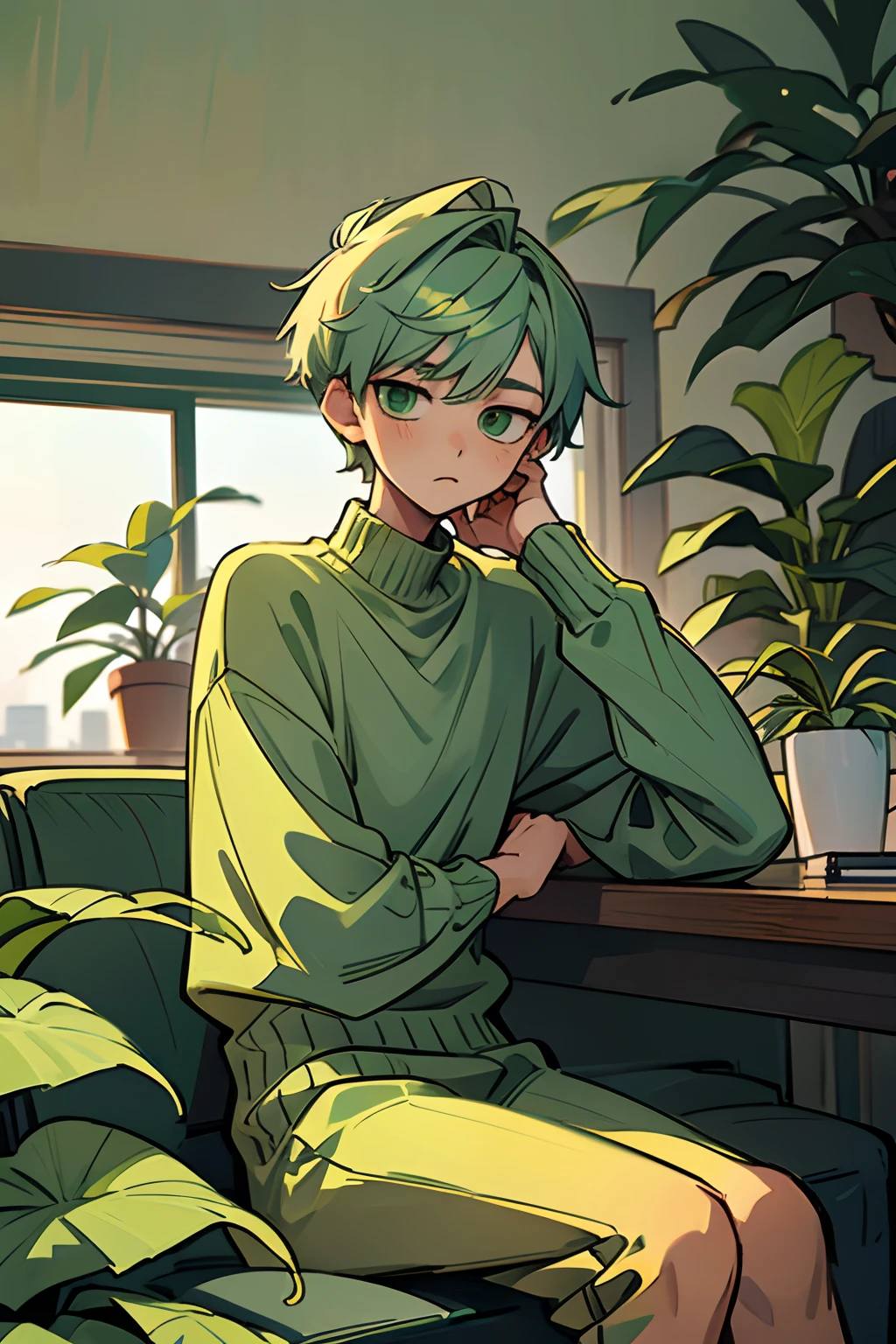 kpop boy, sage green hair, in green cute sweater outfit, sit near plant, inside living room, chill lofi, pretty, formal professional sit pose