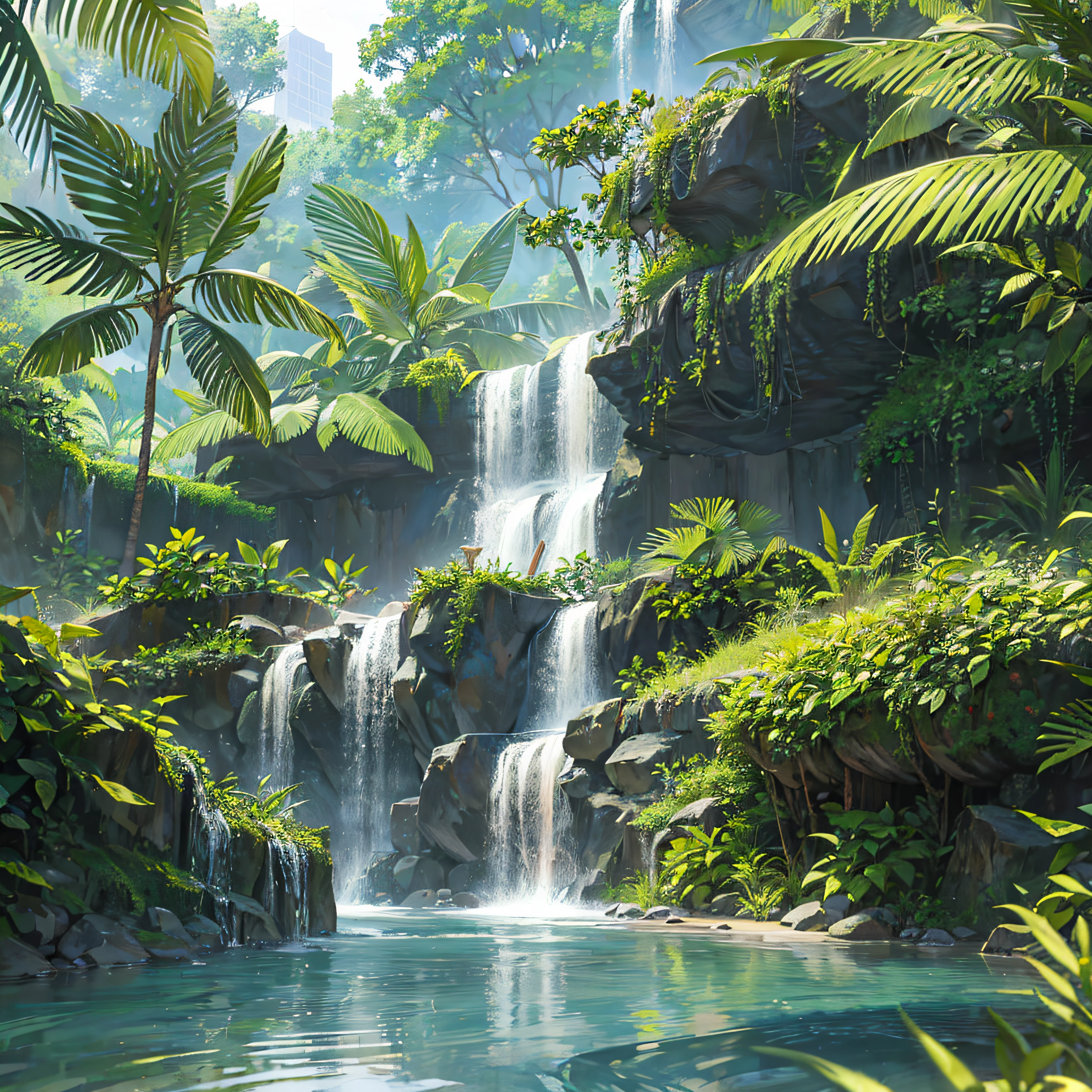 rainforest with ultra-realistic waterfall, futuristic space effects --auto --s2