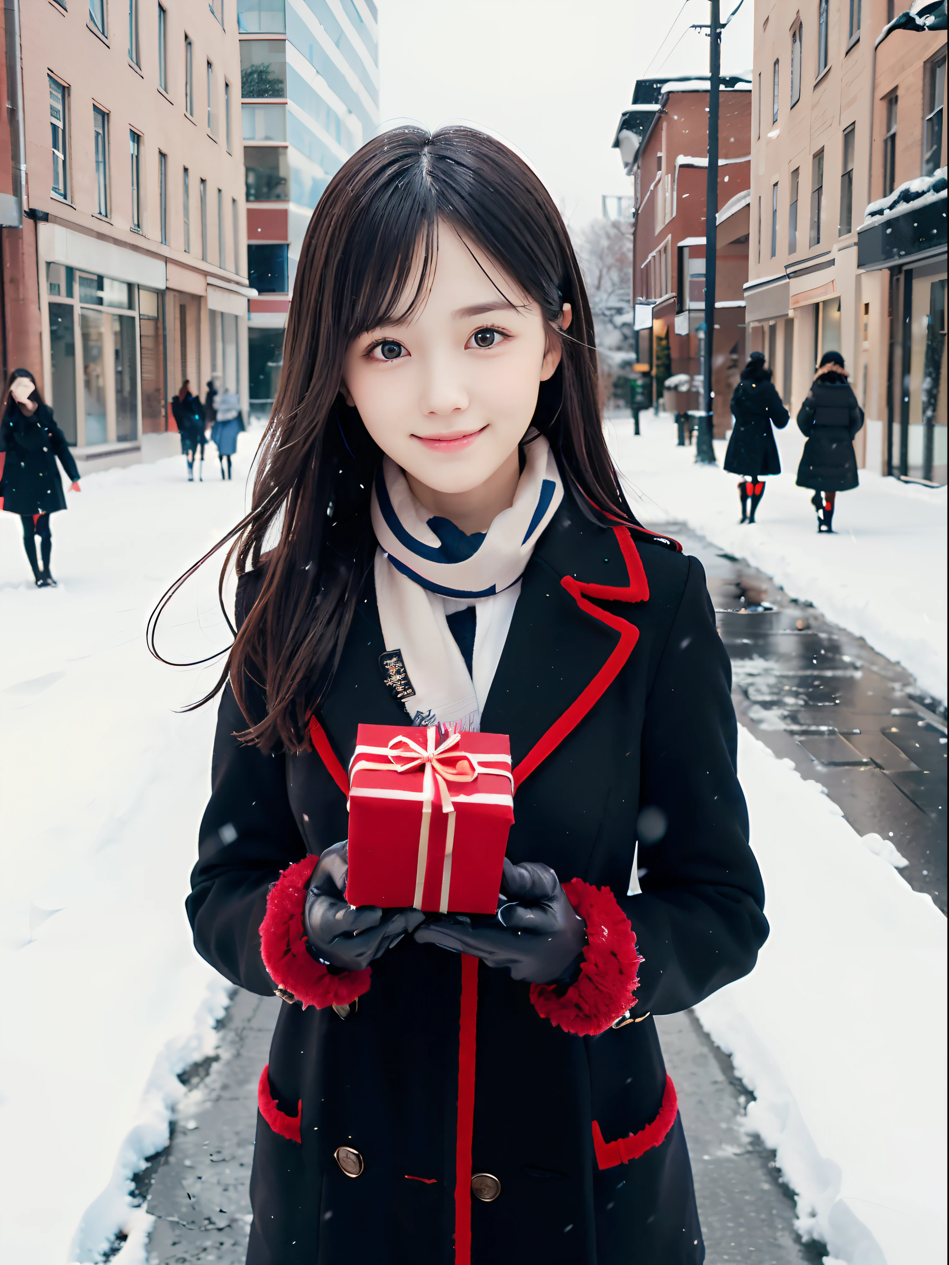 (A close-up of one slender small breasts girl and two side up hair in a winter uniform and scarf coat:1.5)、(One girl with a shy smile、Holding a gift box with gloves in hand:1.5)、(Snowy winter street corner:1.5)、(Perfect Anatomy:1.3)、(No mask:1.3)、(complete fingers:1.3)、Photorealistic、Photography、masutepiece、top-quality、High resolution, delicate and pretty、face perfect、Beautiful detailed eyes、Fair skin、Real Human Skin、pores、((thin legs))、(Dark hair)
