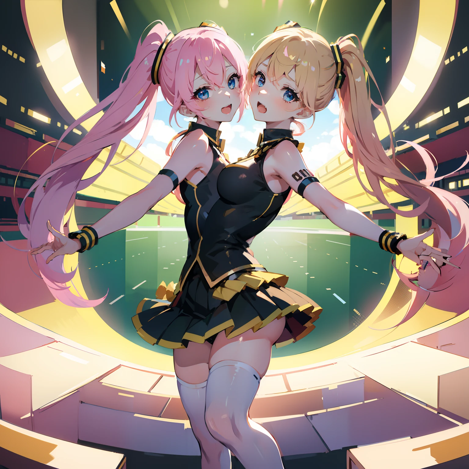 (masterpiece, best quality), best resolution, (2heads:1.5), 1girl, sakura miku character, cheerleader, pink hair, blue eyes, open mouth, energetic, cheery, black and gold cheerleader outfit, cheering pose, football stadium, night