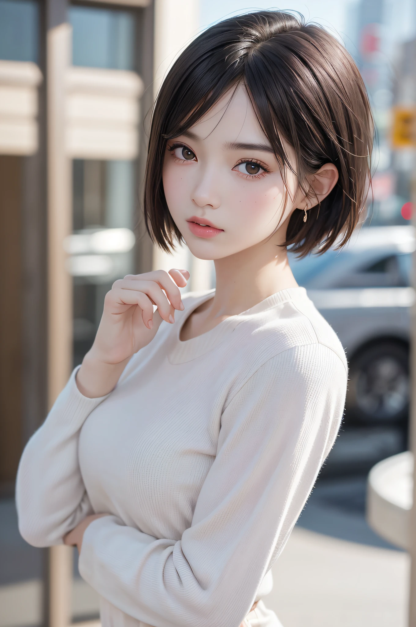 masterpiece、best qualtiy、(Dark photograph: 1.3)、Photorealsitic、1girl、Flat bangs、Stunning innocent symmetrical face、The shirt、emotional、Orchan、(PureErosFace_V1:0.7)、huge tit、atlibrary