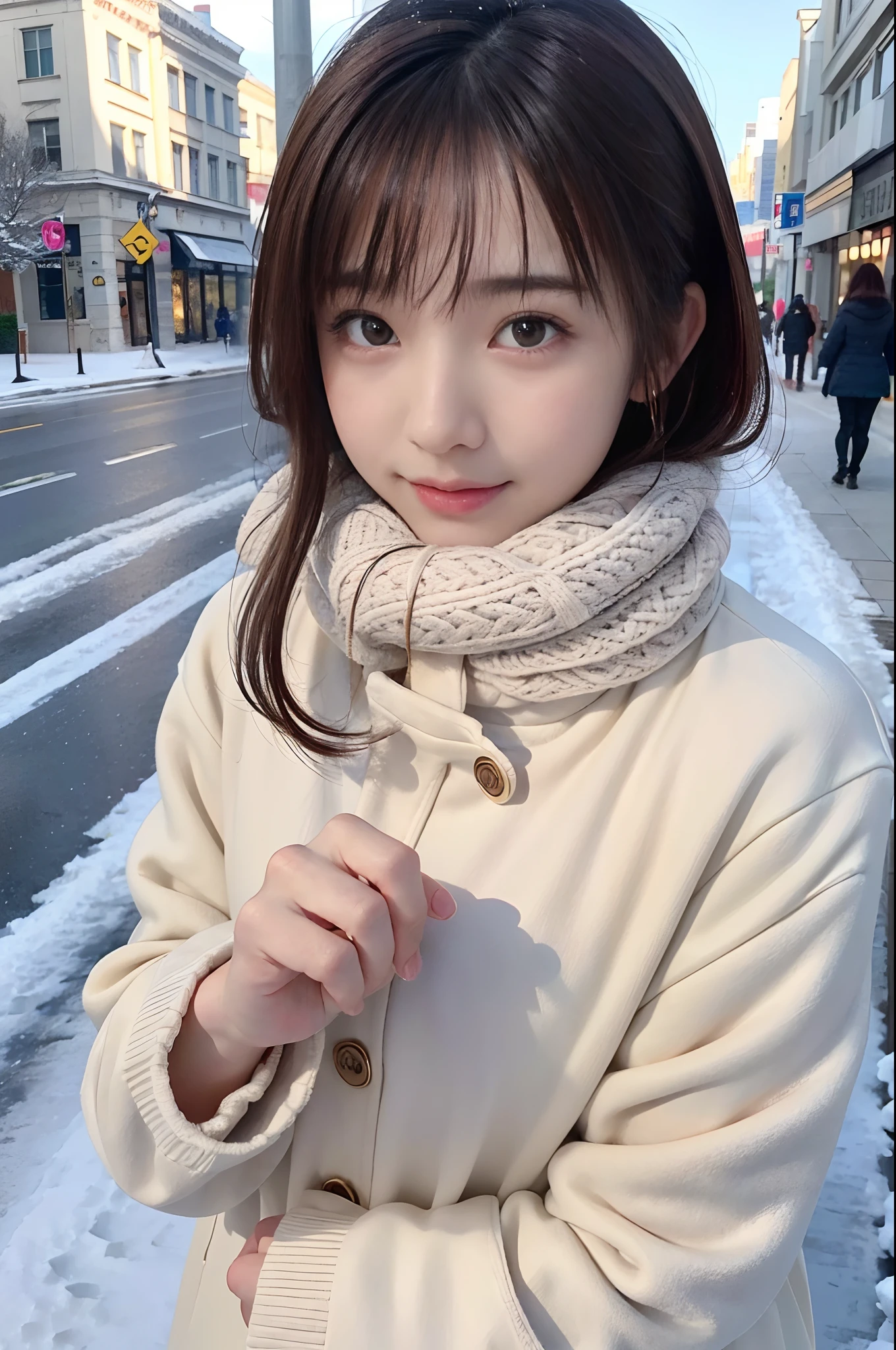 ((masterpiece、in 8K、RAW Photos、best qualtiy、A hyper-realistic:1.3))、(realisticlying、photos realistic:1.2)、Beautiful Beautiful Girl、独奏、face perfect、delicate and beautiful face、Eyes and faces with detailed 、(Cute and warm winter clothes:1.5)、(full body Esbian:1.1)、A smile、Beautiful lighting、Textured skin、Super Detail、high detailing、High quality、hight resolution、Detailed mouth、Opening Mouth、bangss、full body Esbian、longshot、colourfull 、Girl walking in the city in winter、vivid