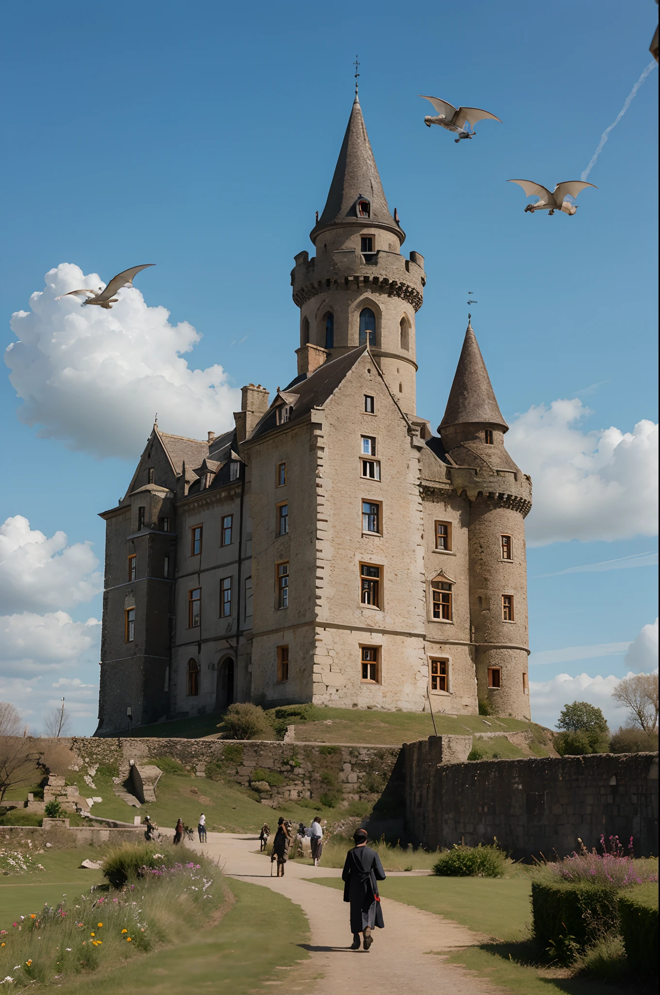 Old castle with dragon flying over
