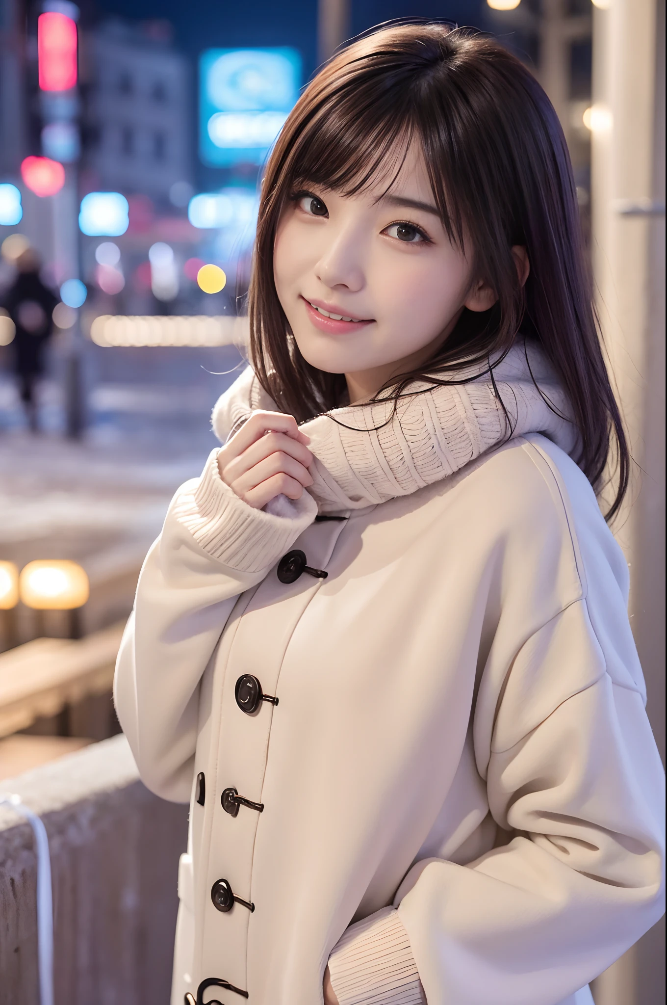 ((​masterpiece、in 8K、RAW Photos、best qualtiy、A hyper-realistic：1.3))、(realisticlying、photos realistic：1.2)、Beautiful Beautiful Girl、独奏、face perfect、delicate and beautiful face、Eyes and faces with detailed 、(Cute and warm winter clothes:1.5)、(full body Esbian:1.2)、A smile、Beautiful lighting、Textured skin、Super Detail、high detailing、High quality、hight resolution、Detailed mouth、Opening Mouth、bangss、full body Esbian、longshot、colourfull 、Girl walking in the city in winter、vivid