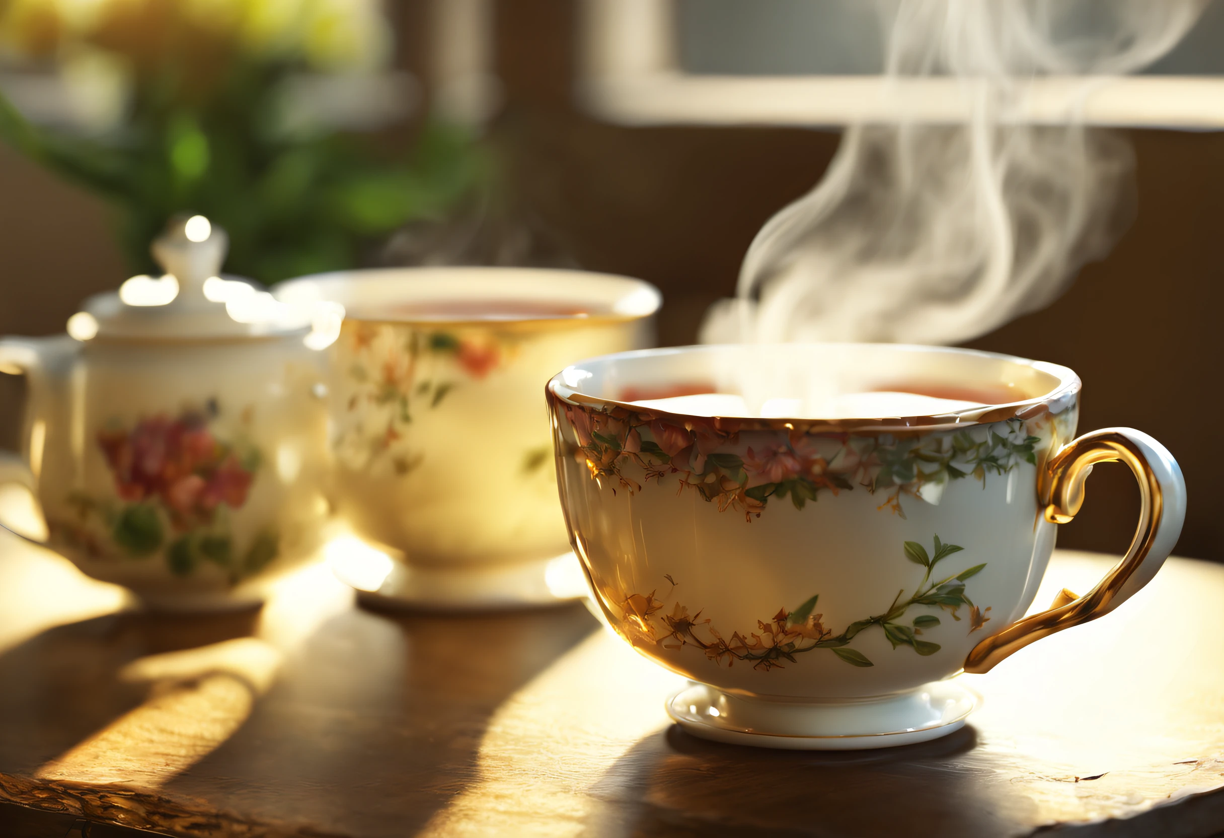 (best quality, 4k, 8k, high resolution, masterpiece: 1.2), ultra detailed, (realistic, photorealistic, photorealistic: 1.37),high-quality photography, (aromatic steam coming out of the tea cup: 1.37), ceramic teapot, porcelain tea cups, morning sunlight filtering through the window, steaming tea cup,