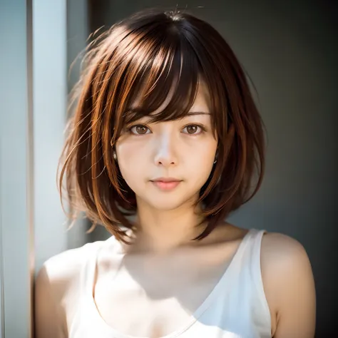 alafed asian woman with white tank top and brown hair, the face of a beautiful japanese girl, with short hair, girl cute-fine-fa...