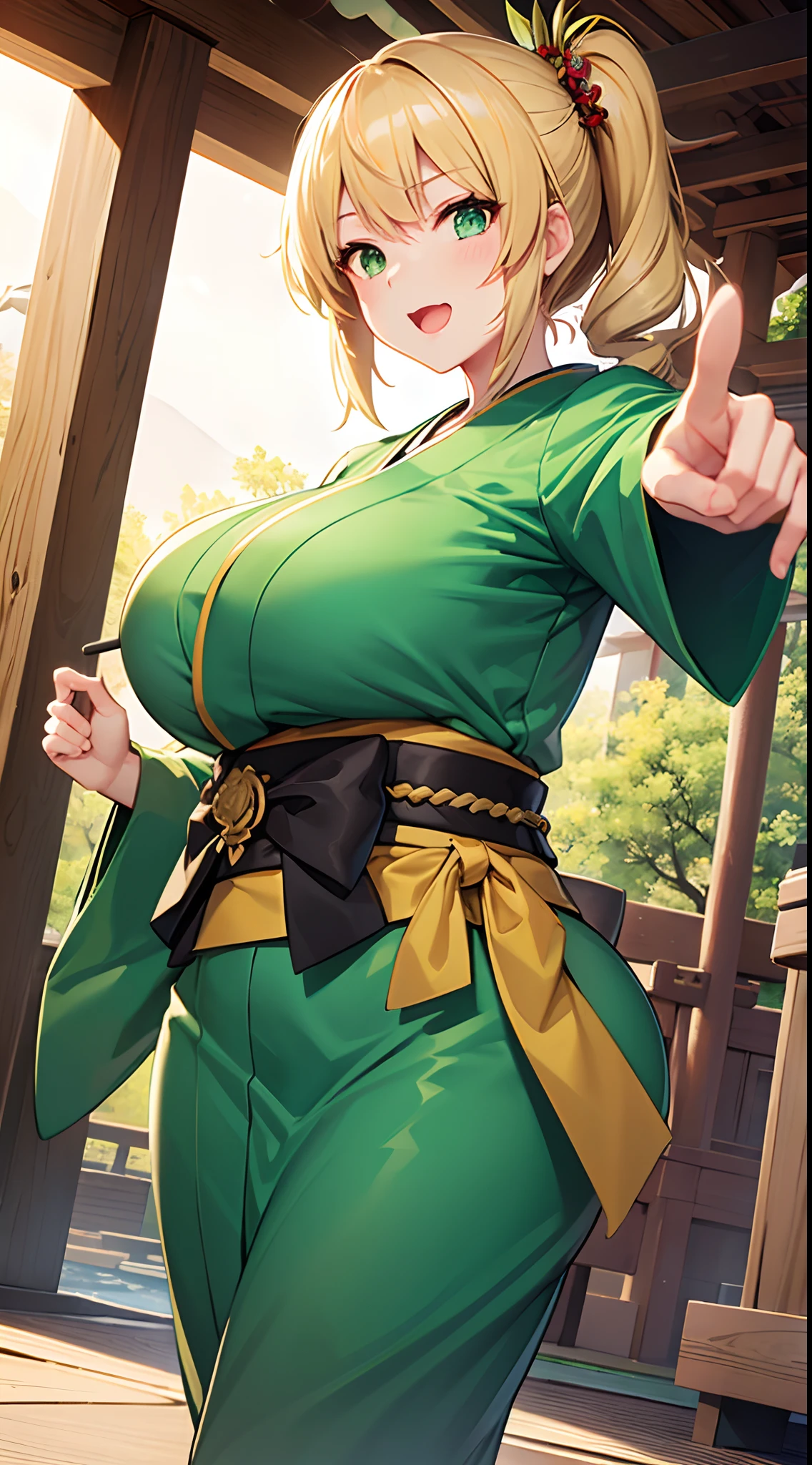 1 girl, game CG, green kimono, hair ornament, gigantic breasts, blonde, middle hair, side ponytail, green eyes, Japanese shrine, dynamic, pointing,