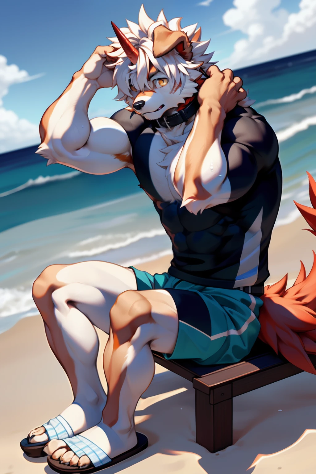 (by Hioshiru, by null-ghost, By personalami, by Honovy, by thebigslick, author：Feinhertz), Male, Solo, domestic dog，Doggy, Red horns, floppy ears, clawed paws, view the viewer，On the beach，the ocean，On the beach，Sexy，The upper part of the body，lowerbody，（Sweat：1.9），gasps，upper legs，small thighs，white legwear，〈Have a strong figure〉，opens his eyes wide，A collar is worn around his neck，Dog leash，Be red in the face，Desire for dissatisfaction，the shy，gentle，Temptation of the，intoxicated，gasps，Eyes are focused，sideface，Keep your eyes wide open，Heads-up，Tall and strong，Fluffy tail，Orange tail，Masterpiece, Best quality, offcial art, Extremely detailed Cg Unity 8K wallpaper, Ultra-detailed, Best Illustration, Best shadow, Perfect lighting, bellow (/arknight/), White fur, Furry male, Dog boy, Furry, Two-tone fur, 1boys, multicolored hair, Male focus, Horns, Striped hair, Dog ears, Animal ears, single horn, Brown fur, bangs, Orange hair, White hair, Medium hair, Orange eyes, Black pupils，Solo,Muscle men，whitet-shirt，blue swim briefs，whitestocking，sideface，Sit Pose，The erection，massive bulge，full bodyesbian，Swimming goggles，Hair is supple，Raise your hands high，slippers，Close your left eye，sandcastle，coconut palms，Pick up the bottle with your left hand，Sit on a folding recliner，enjoying