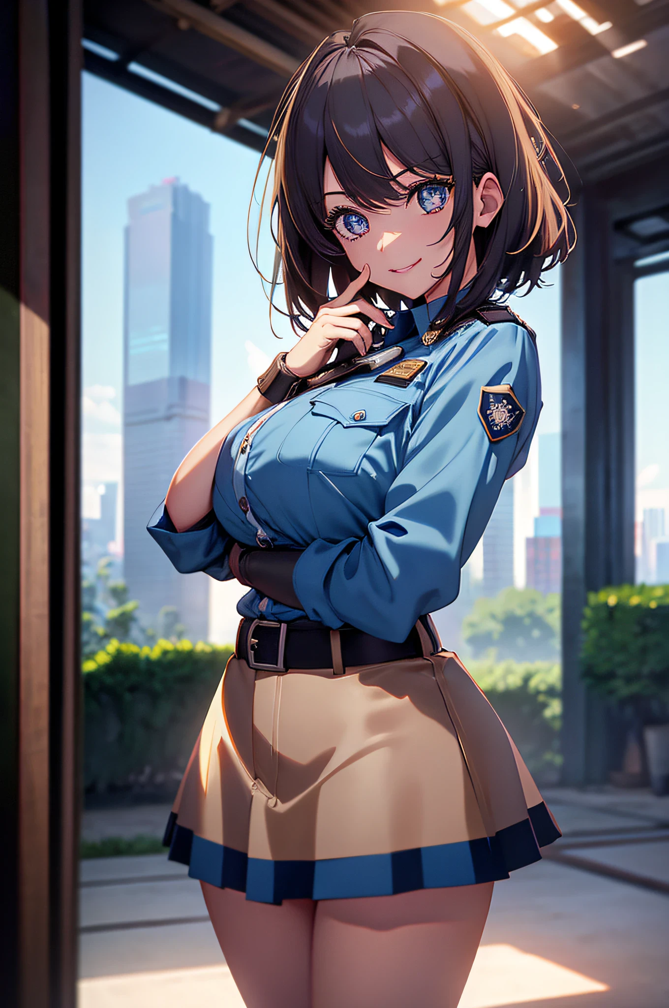 (1 Policewoman), Ultimate Beautiful Mature, hyperdetailed face, Detailed eyes, Double eyelids, Detail lips, Short brunette hair, (Light blue fancy blouse), (Black tight mini skirt), (Big breasts), lightsmile, thighs thighs thighs thighs, Standing, ((Cowboy Shot)), depth of fields, Perfect litthing, (Photorealsitic:1.4), (ultra-detailliert), (top-quality), (Best Shadows), (​masterpiece), Ultra High Resolution, Background with: (tokio city)