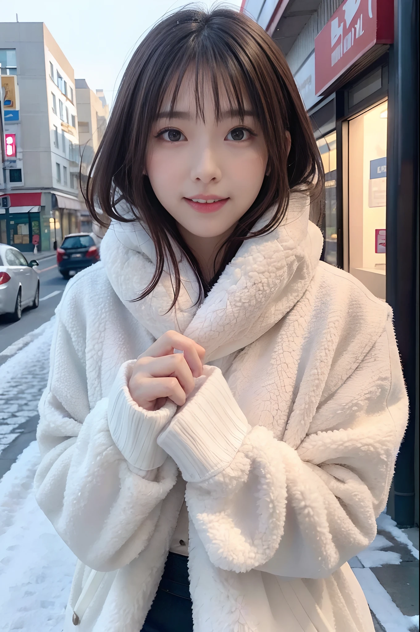 ((​masterpiece、in 8K、RAW Photos、best qualtiy、A hyper-realistic：1.3))、(realisticlying、photos realistic：1.2)、Beautiful Beautiful Girl、独奏、face perfect、delicate and beautiful face、Eyes and faces with detailed 、(Cute and warm winter clothes:1.5)、(full body Esbian:1.1)、A smile、Beautiful lighting、Textured skin、Super Detail、high detailing、High quality、hight resolution、Detailed mouth、Opening Mouth、bangss、full body Esbian、longshot、colourfull 、Girl walking in the city in winter、vivid