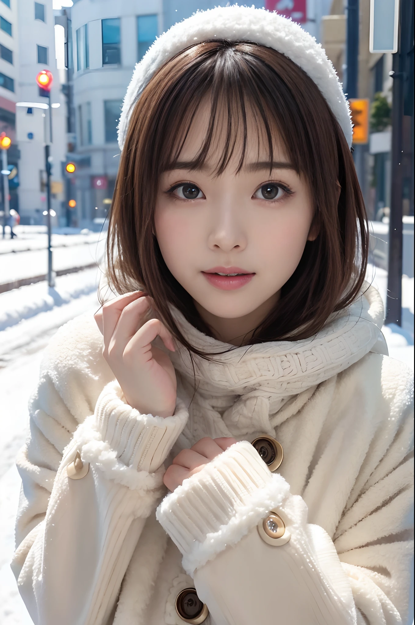 ((masterpiece、in 8K、RAW Photos、best qualtiy、A hyper-realistic:1.3))、(realisticlying、photos realistic:1.2)、Beautiful Beautiful Girl、独奏、face perfect、delicate and beautiful face、Eyes and faces with detailed 、(Cute and warm winter clothes:1.5)、(full body Esbian:1.1)、A smile、Beautiful lighting、Textured skin、Super Detail、high detailing、High quality、hight resolution、Detailed mouth、Opening Mouth、bangss、full body Esbian、longshot、colourfull 、Girl walking in the city in winter、vivid